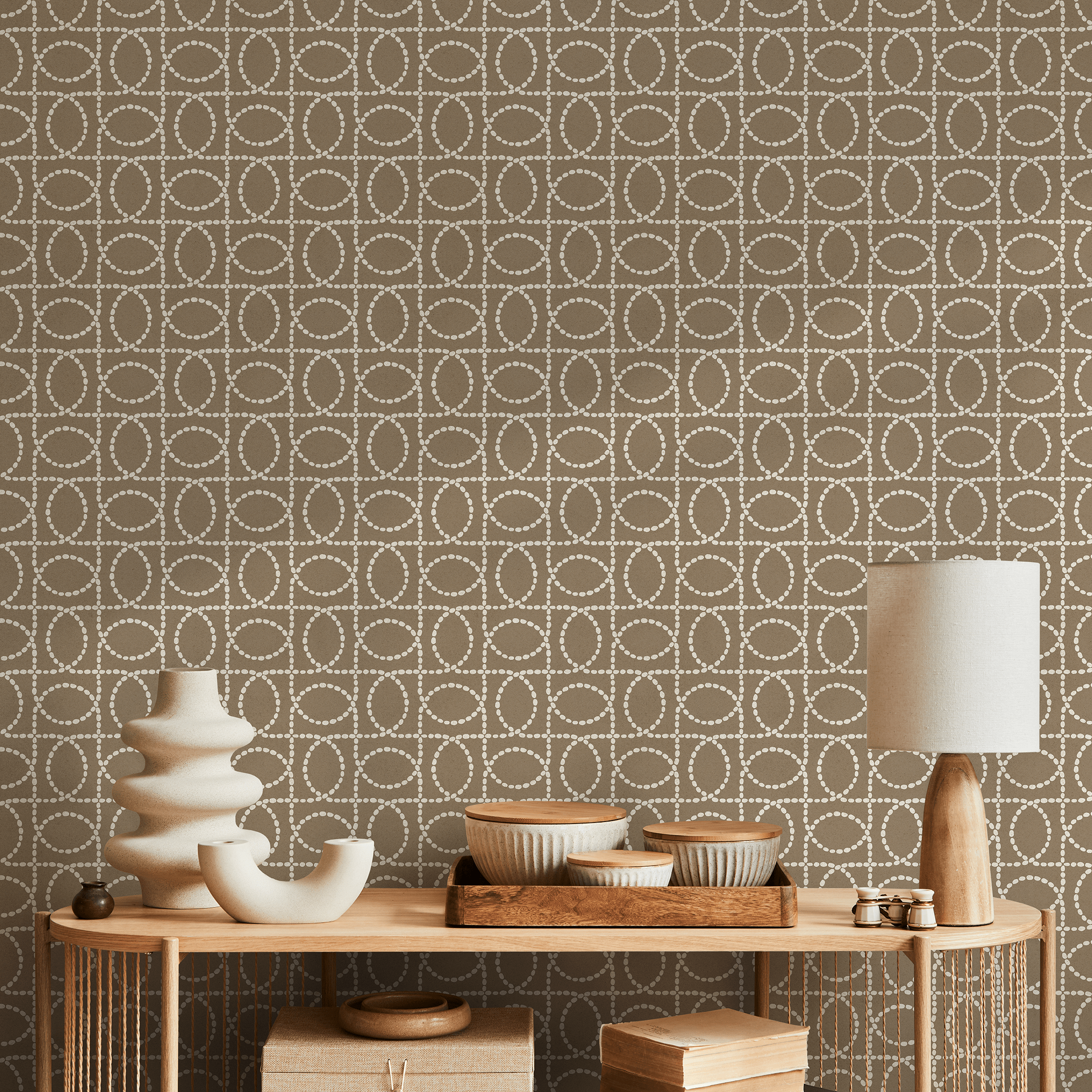 Geometric Wallpaper With A Dotted Oval Grid In Brown And Off-white - C842