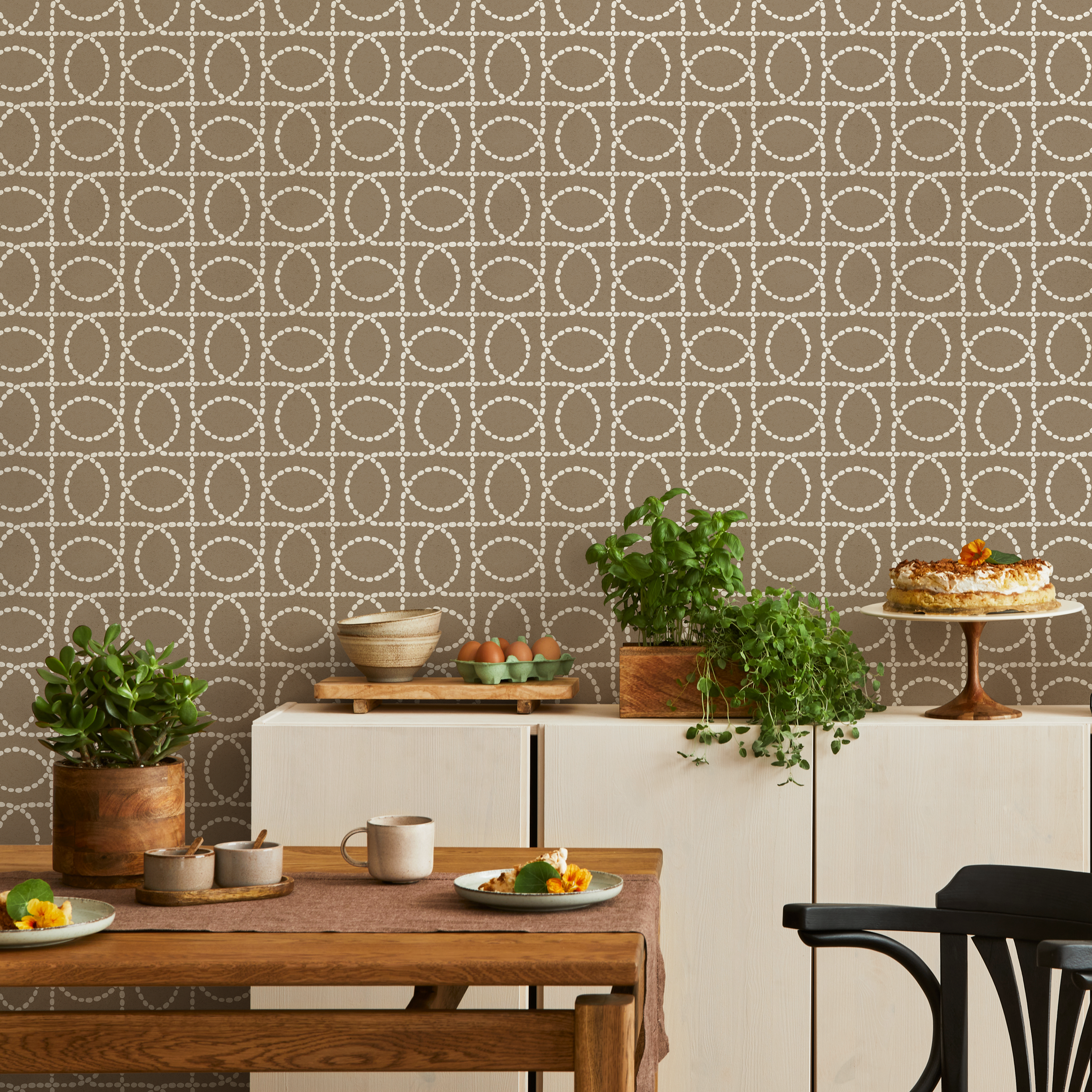 Geometric Wallpaper With A Dotted Oval Grid In Brown And Off-white - C842