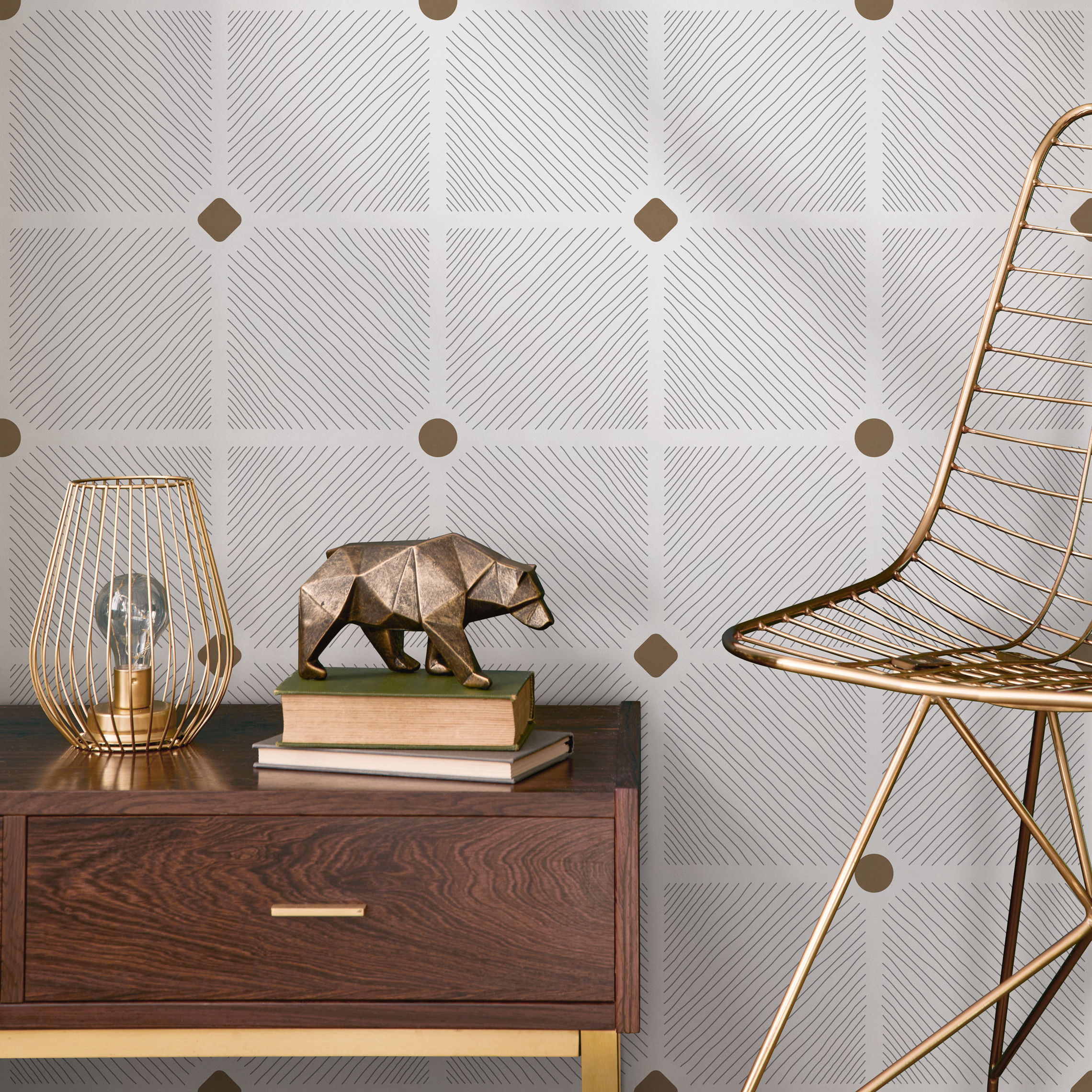 Geometric Wallpaper With A Lined Grid And Dot Pattern In Gray And Brown - C844