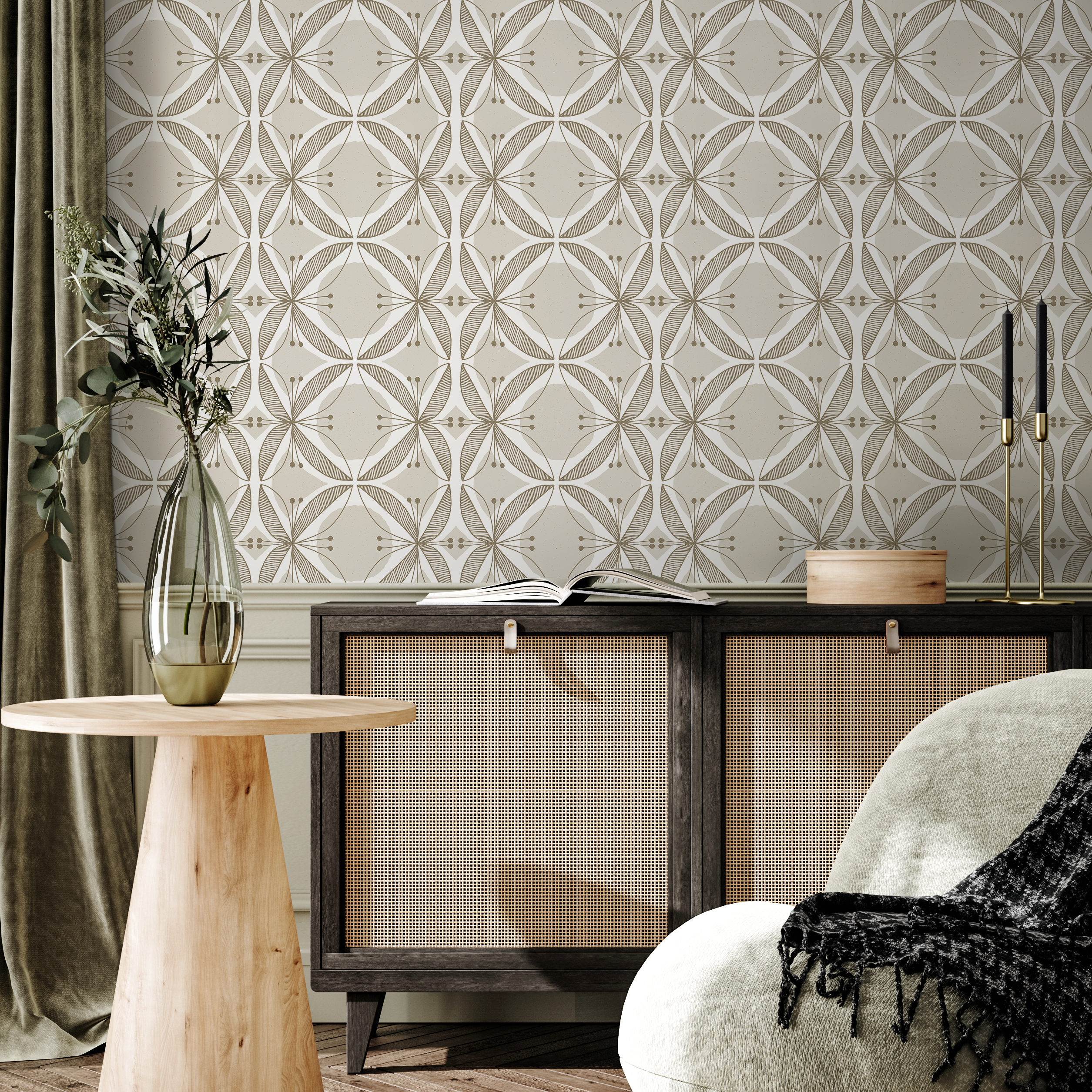 Geometric Wallpaper With A Stylized Floral Motif In Beige, Brown, And White - C845