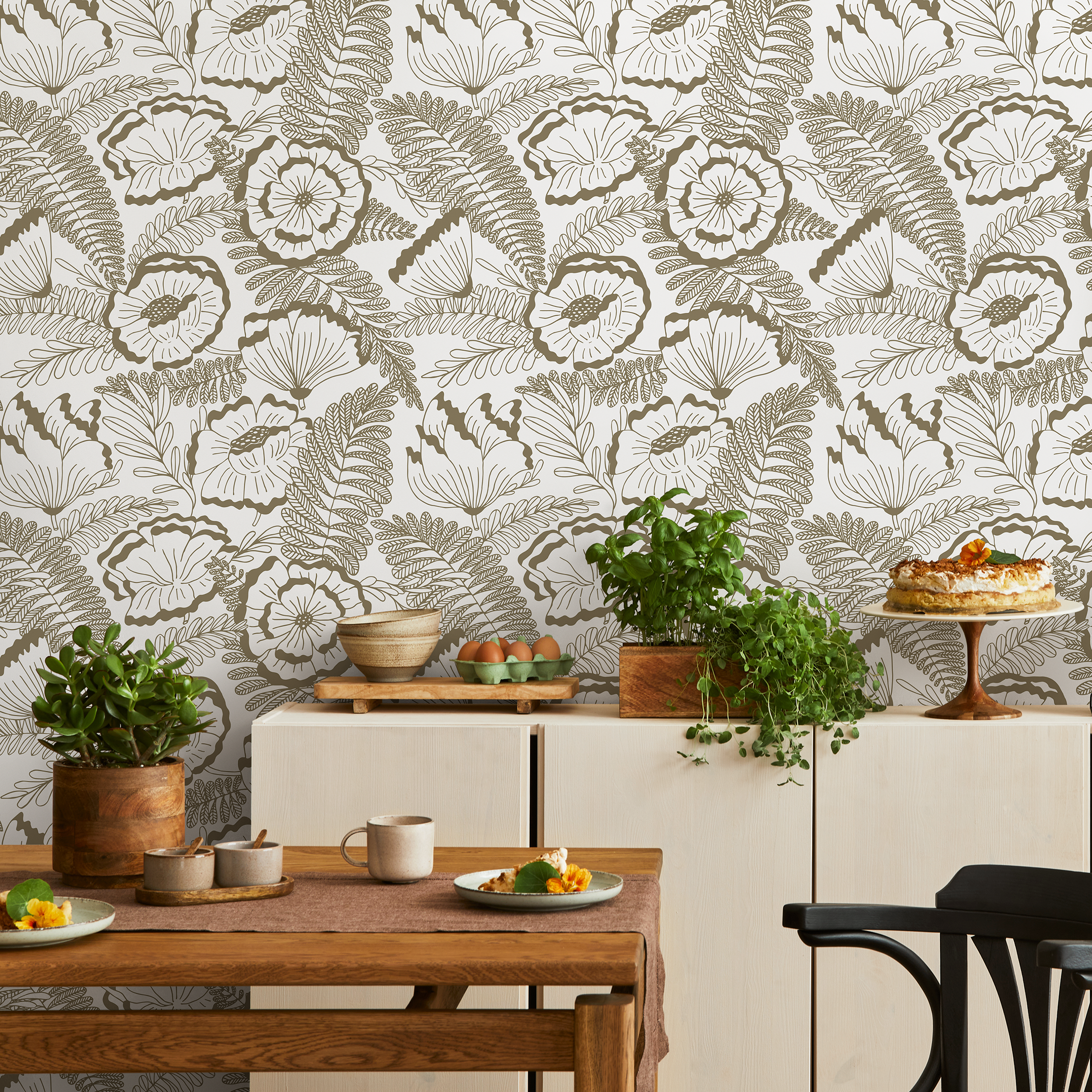 Floral Wallpaper With A Poppy And Fern Line Art Motif In Beige - C849