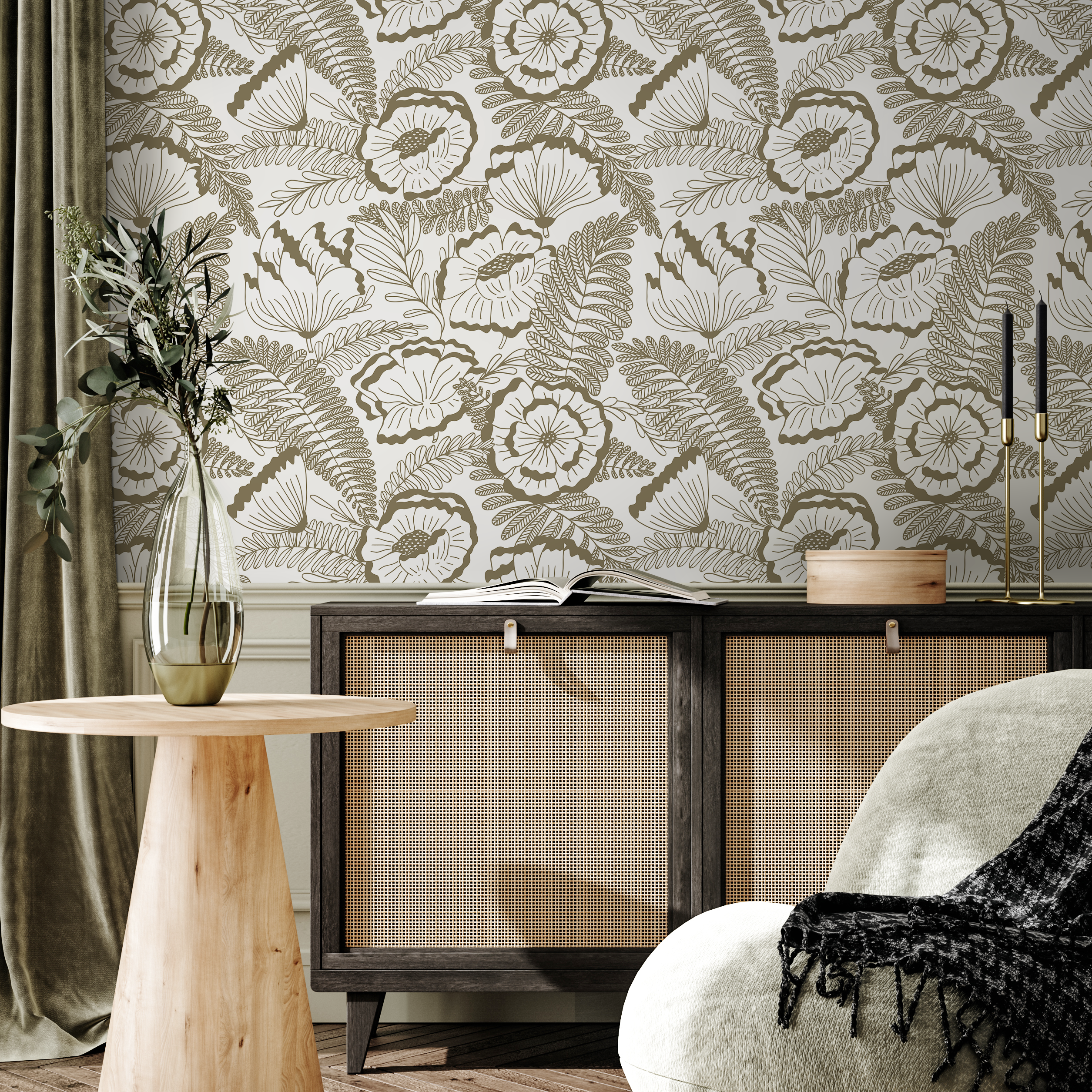 Floral Wallpaper With A Poppy And Fern Line Art Motif In Beige - C849