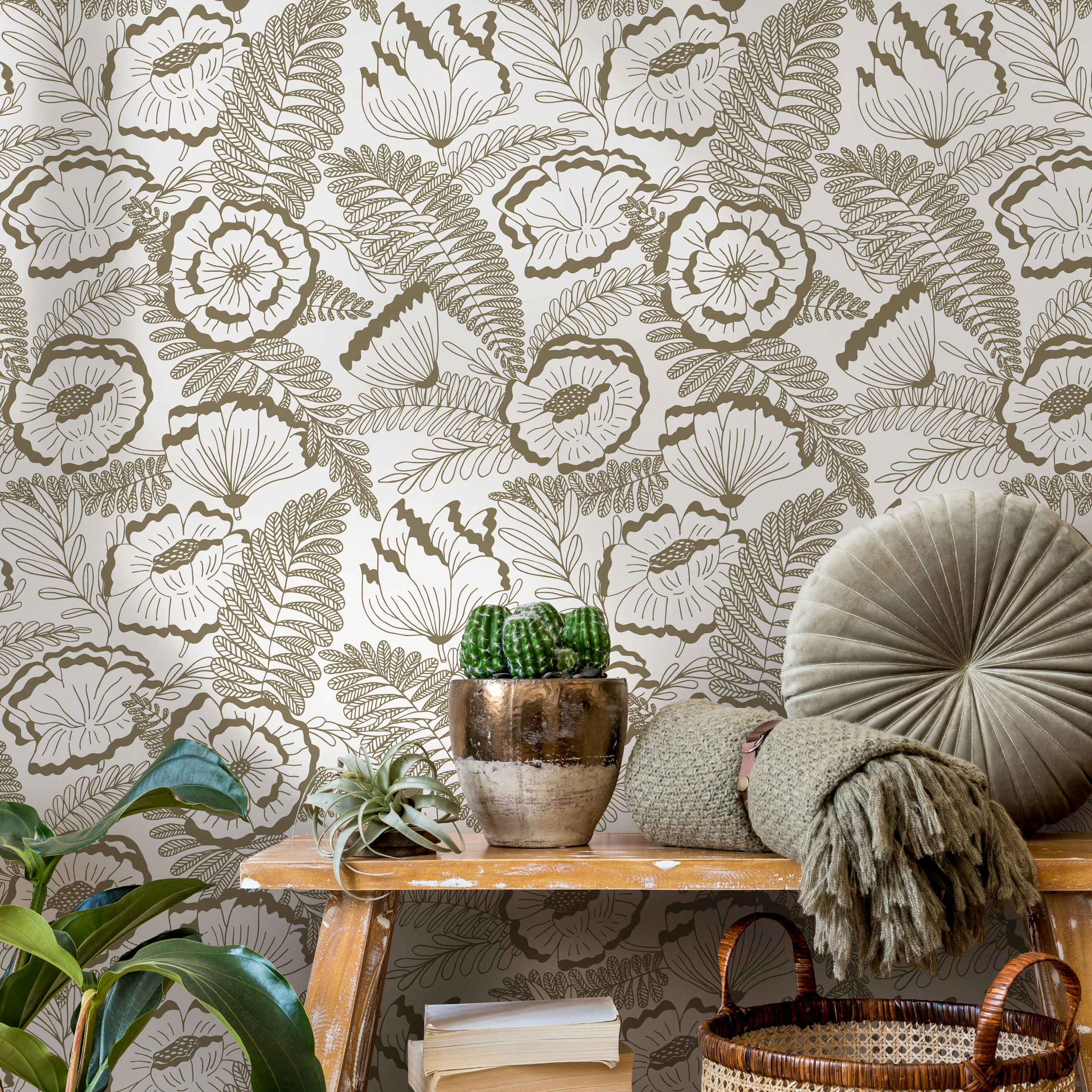 Floral Wallpaper With A Poppy And Fern Line Art Motif In Beige - C849