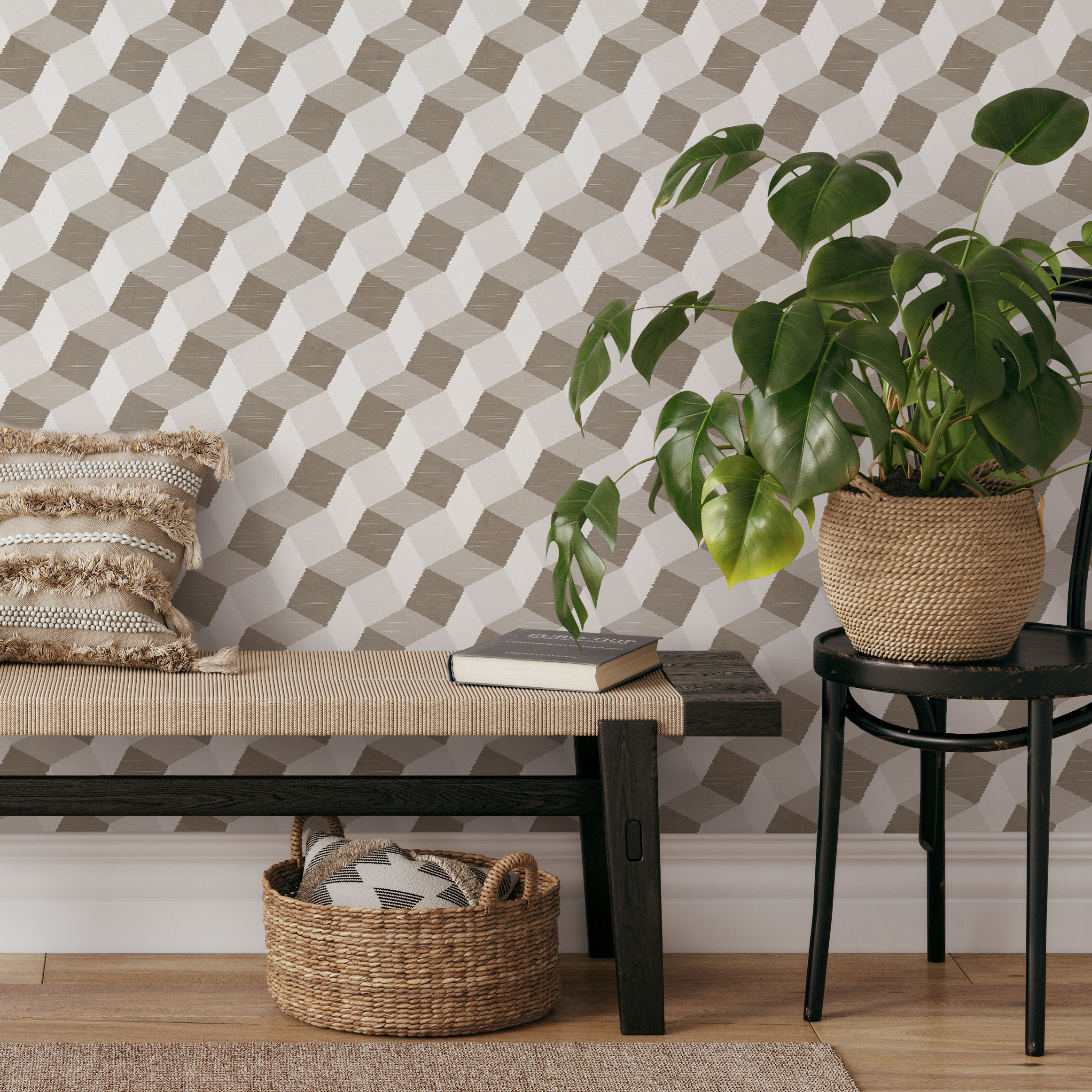 Geometric Wallpaper With A 3d Stepped Pattern In Beige And Taupe - C850