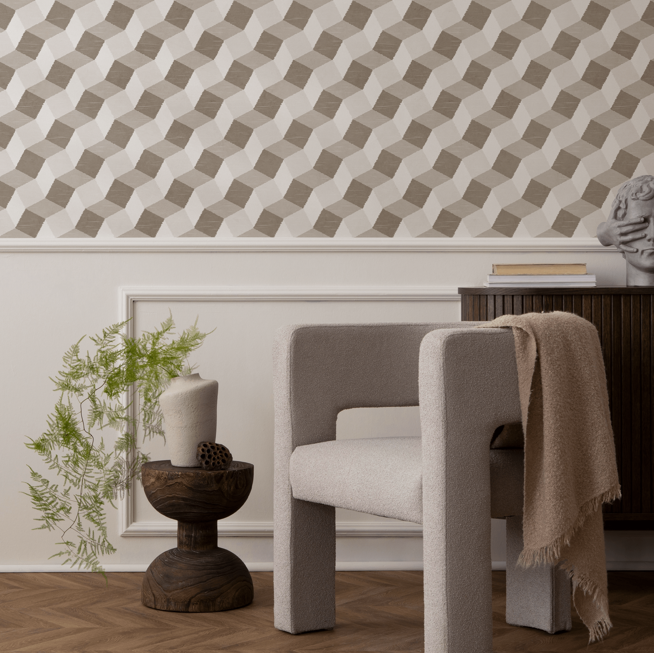 Geometric Wallpaper With A 3d Stepped Pattern In Beige And Taupe - C850