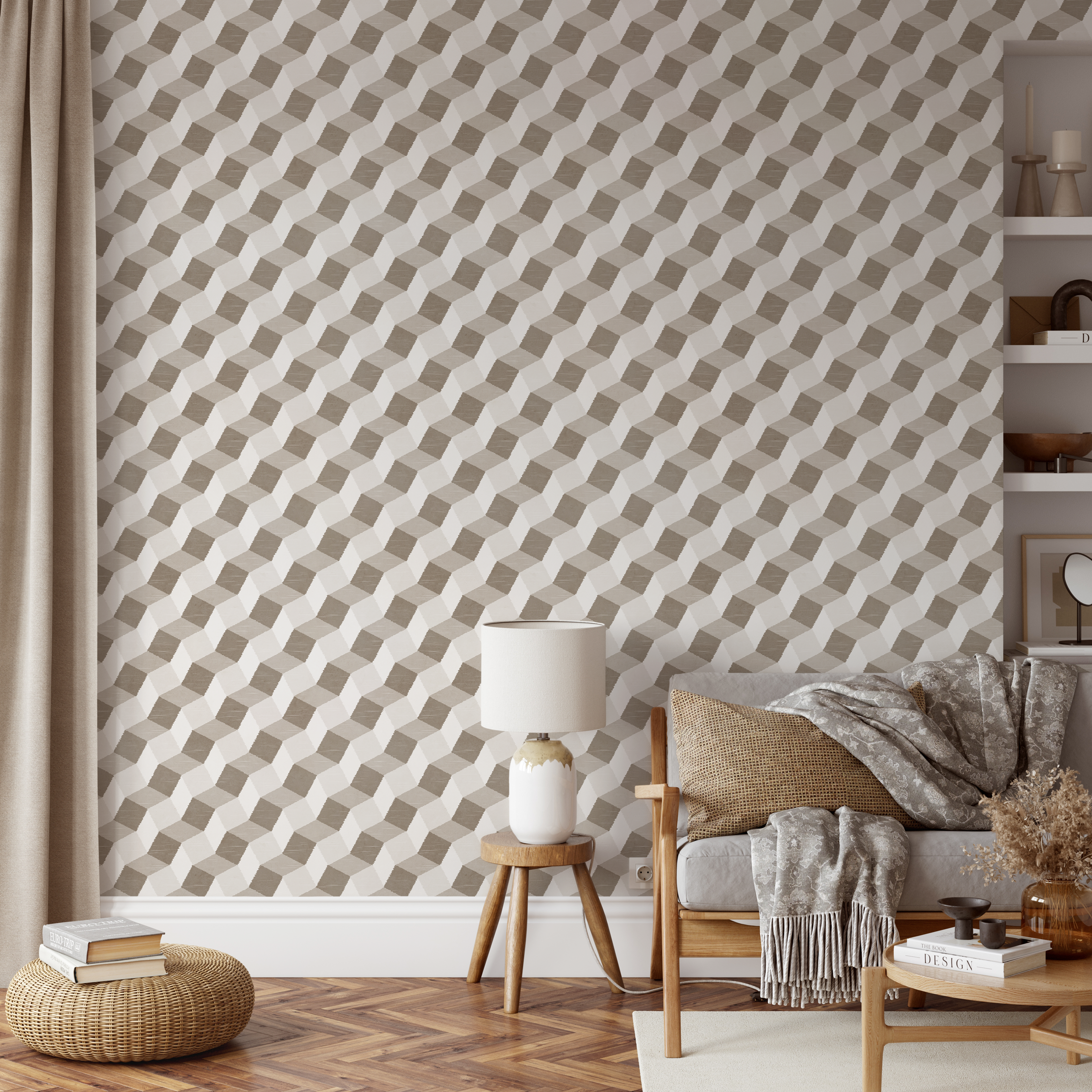 Geometric Wallpaper With A 3d Stepped Pattern In Beige And Taupe - C850