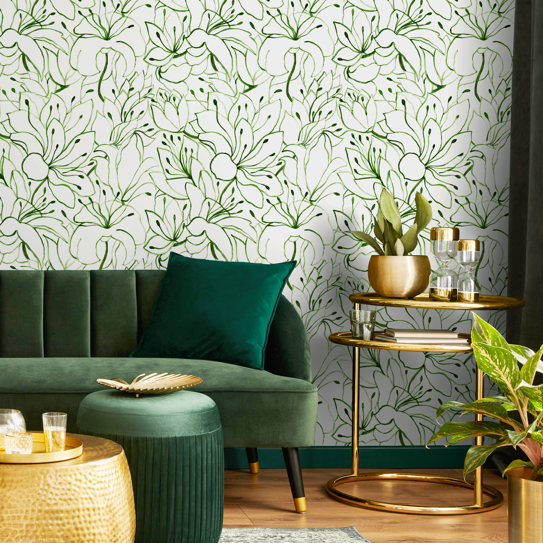 Floral Wallpaper With A Watercolor Lily Line Art Motif In Green - C852