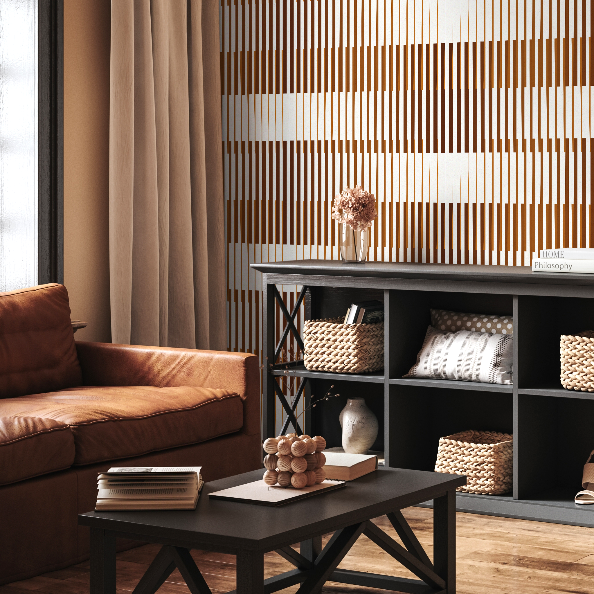 Geometric Wallpaper Featuring Staggered Lines In Brown And Dark Brown - C853