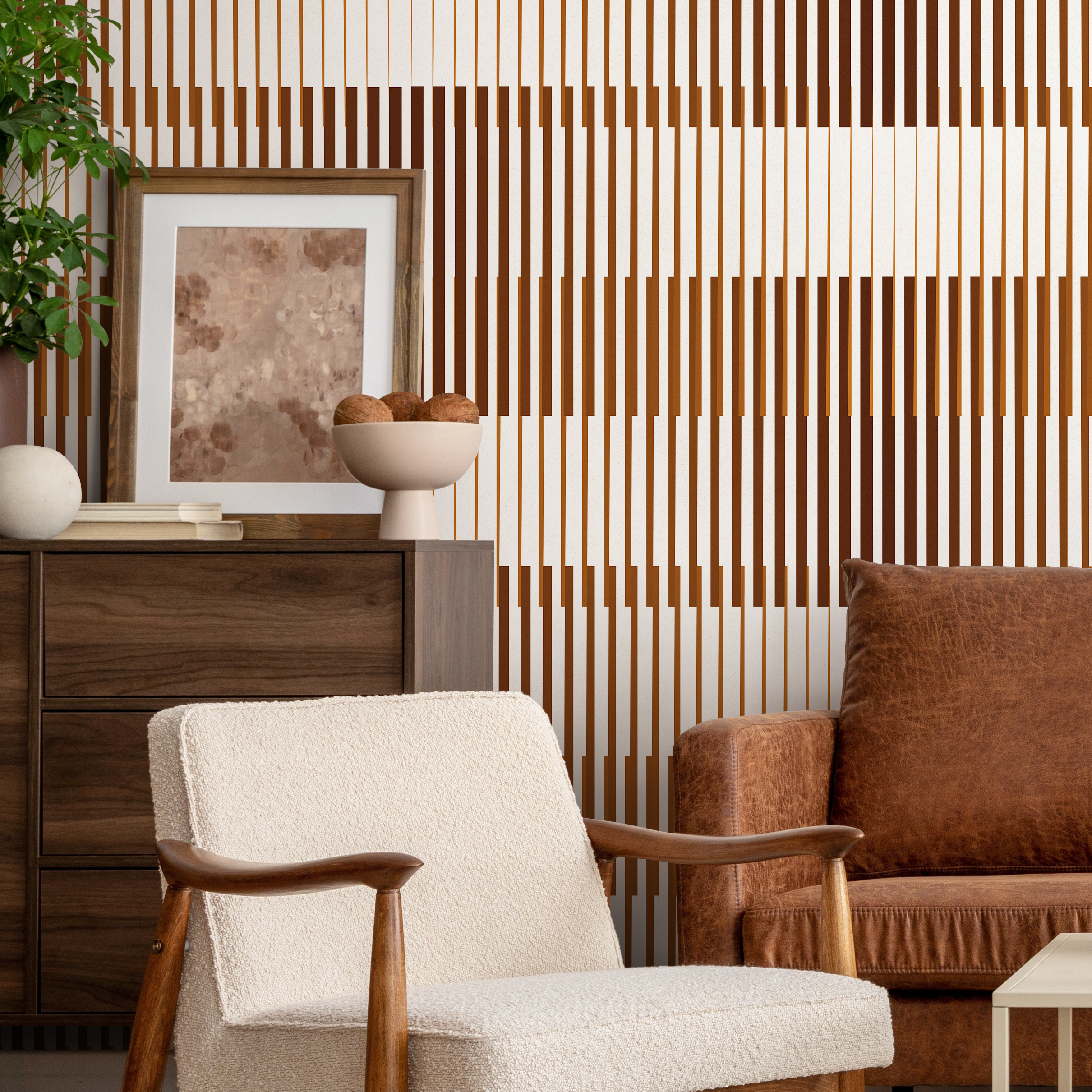 Geometric Wallpaper Featuring Staggered Lines In Brown And Dark Brown - C853