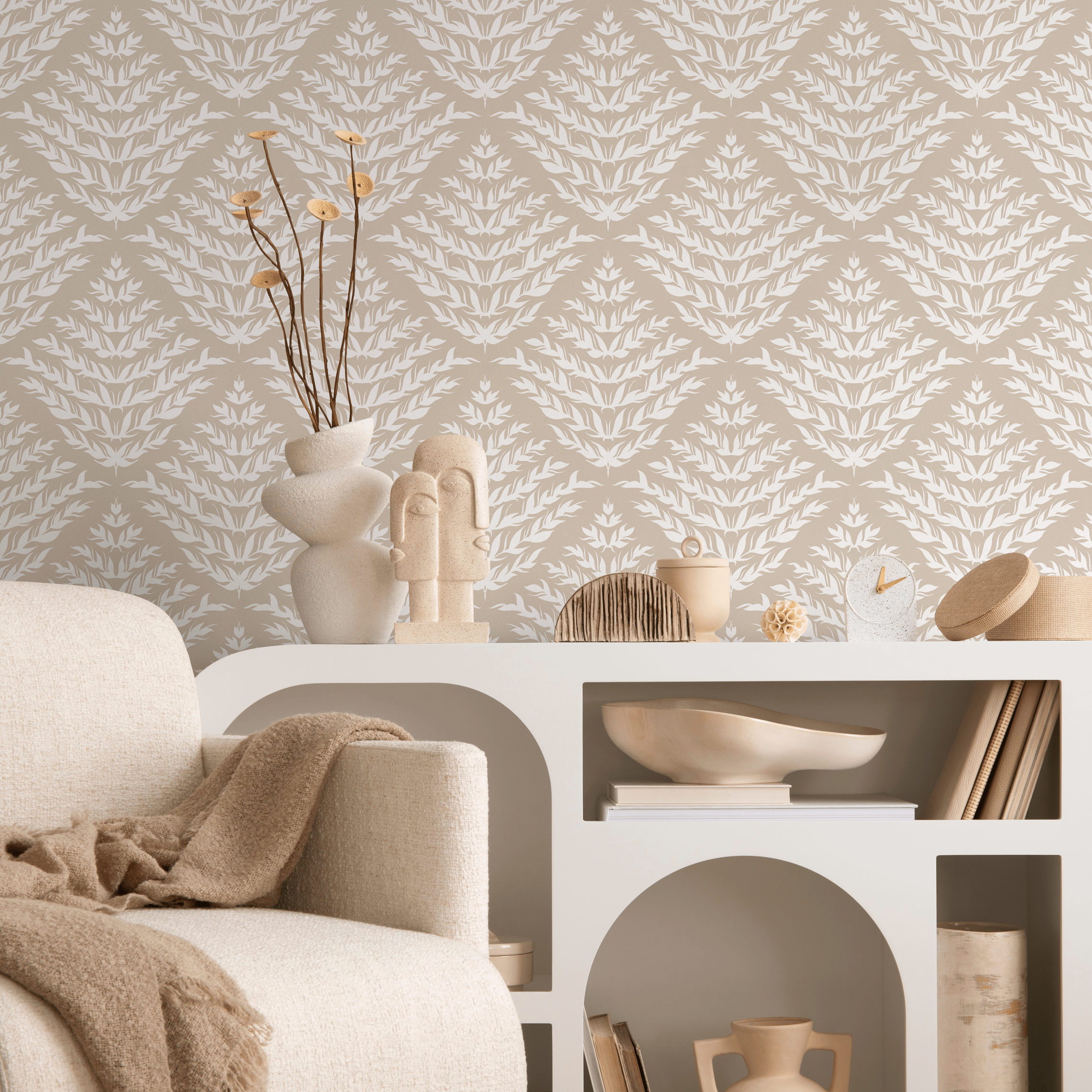 Boho Wallpaper With A Stylized Leaf Motif In Beige And Cream - C854