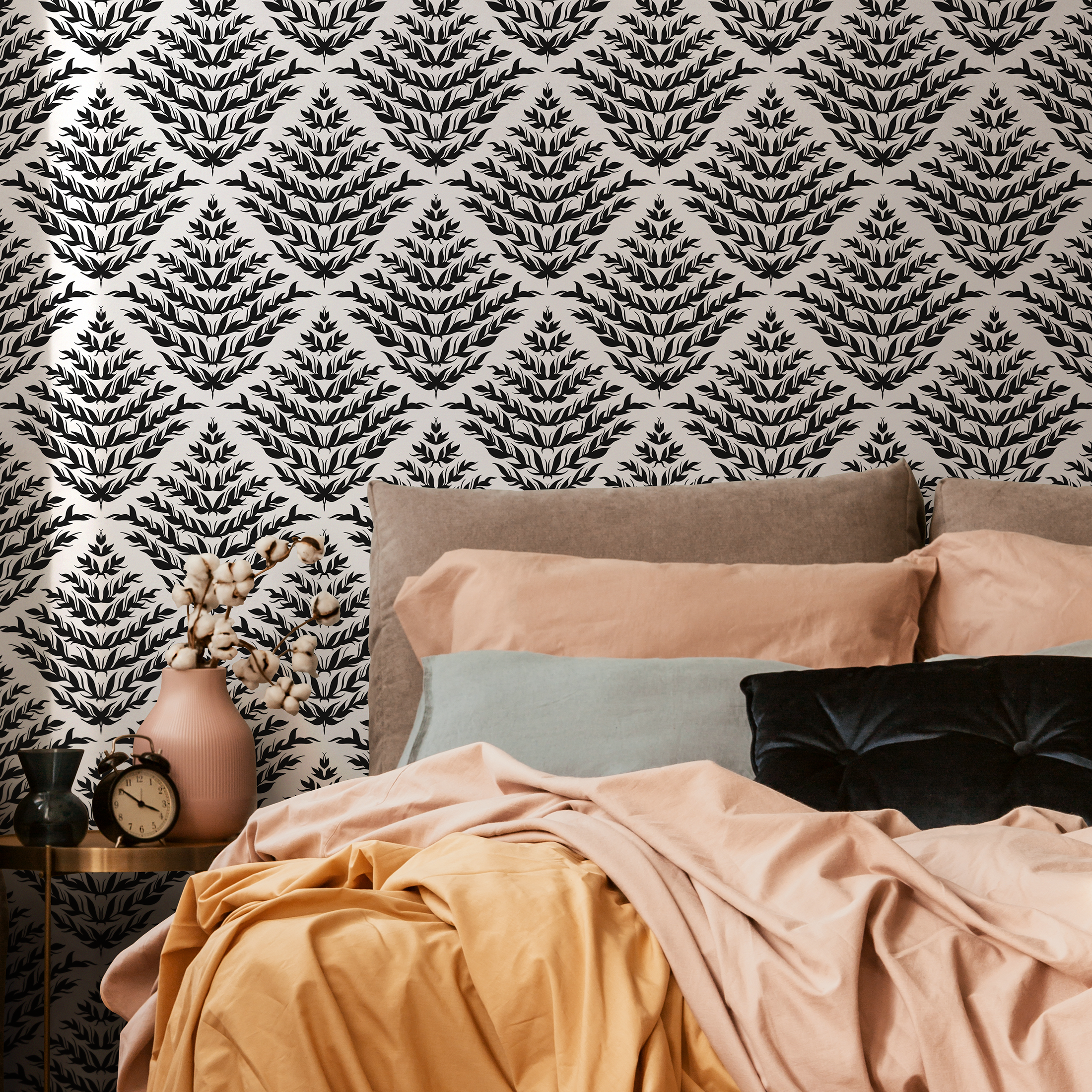 Botanical Wallpaper With A Geometric Leaf Motif In Black And White - C856
