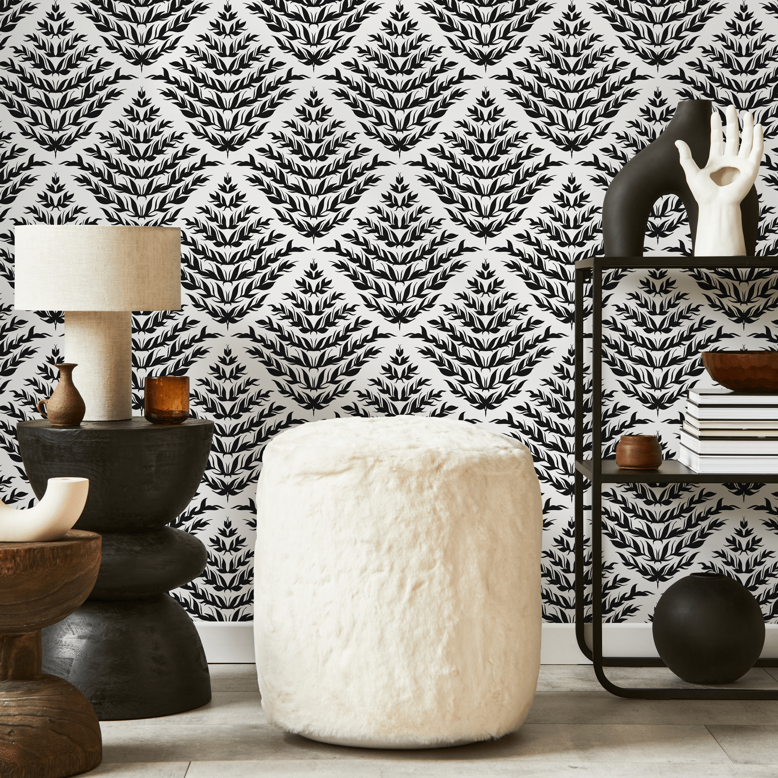 Botanical Wallpaper With A Geometric Leaf Motif In Black And White - C856