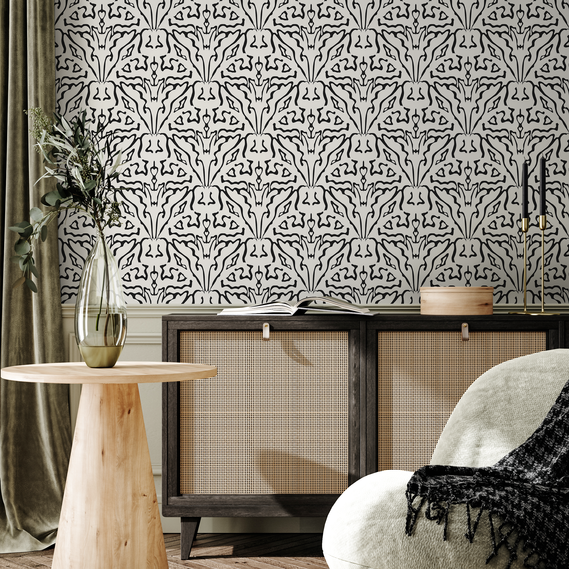 Abstract Wallpaper With A Symmetrical Line Art Motif In Black And Beige - C859