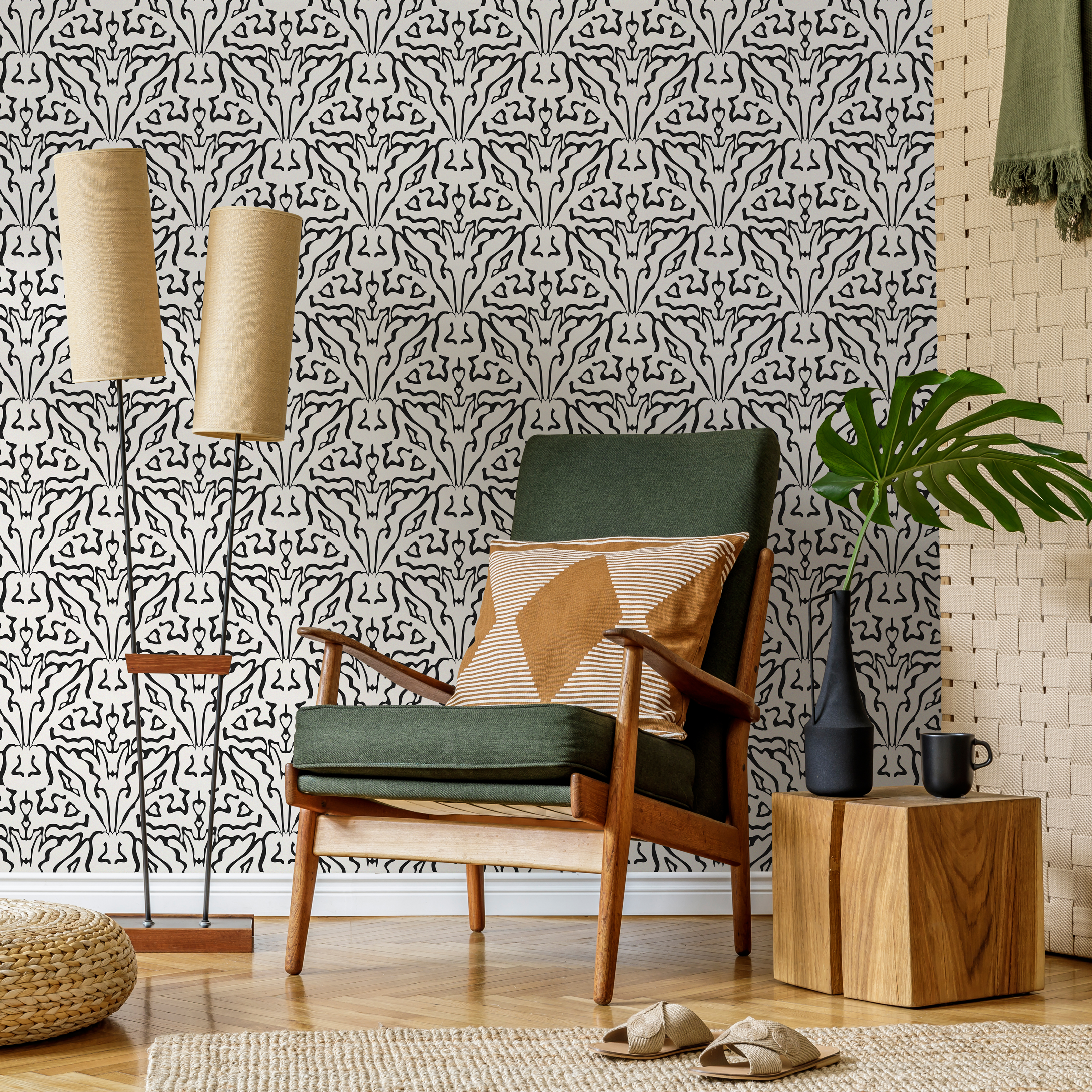 Abstract Wallpaper With A Symmetrical Line Art Motif In Black And Beige - C859