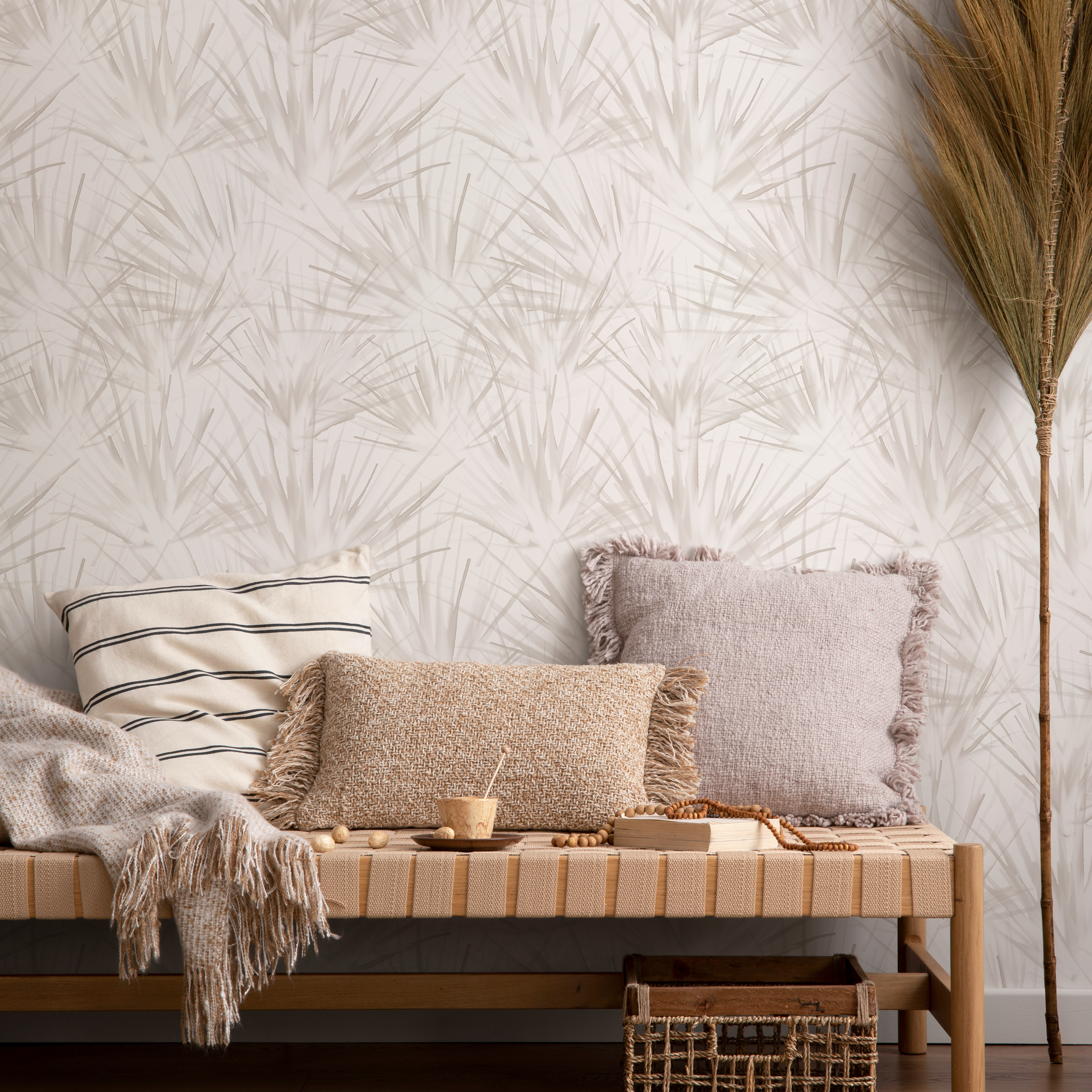 Botanical Wallpaper With Abstract Palm Fronds In Beige And Taupe - C861