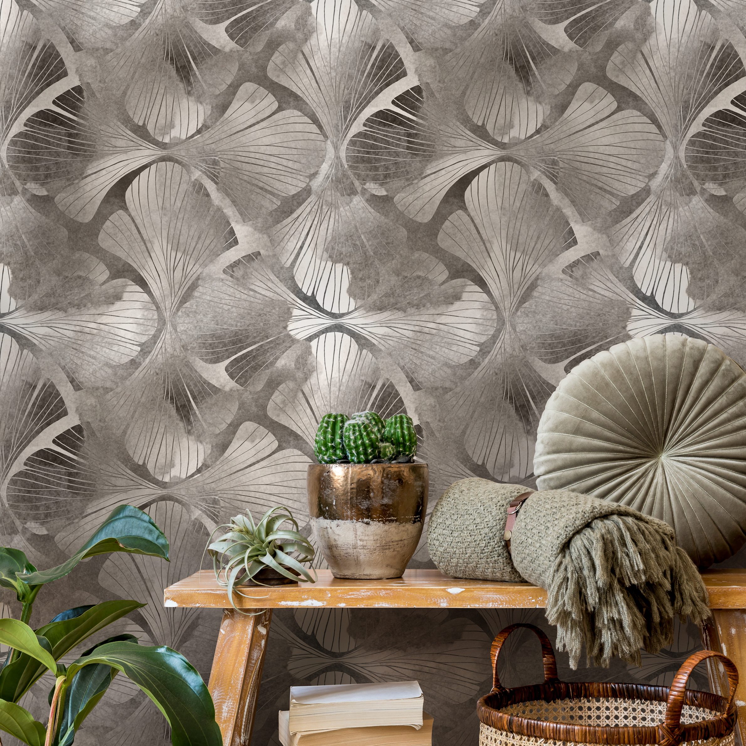 Botanical Wallpaper With Art Deco Ginkgo Leaves In Gray And Taupe - C865