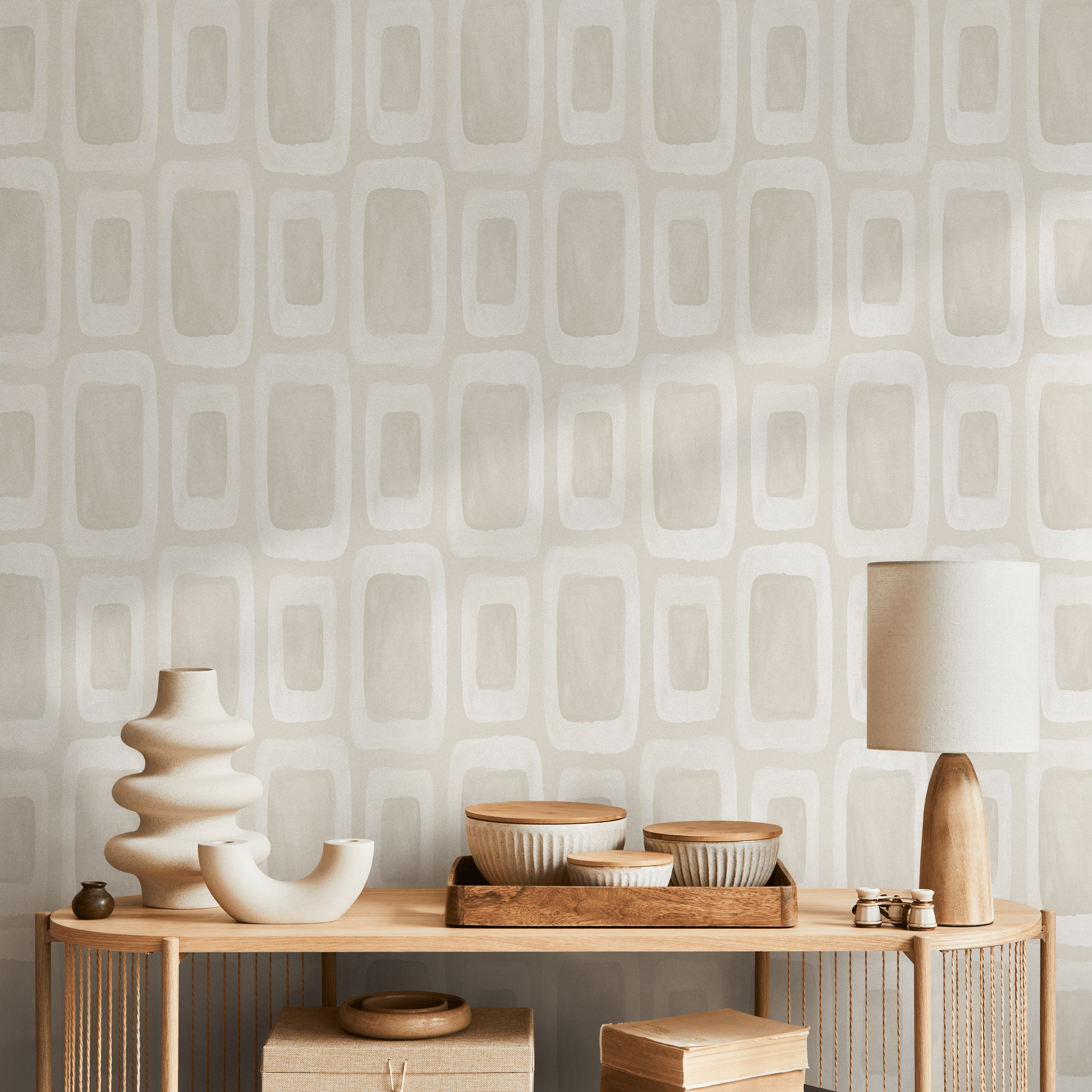 Geometric Wallpaper With Hand-painted Rectangles In Beige And Off-white - C866