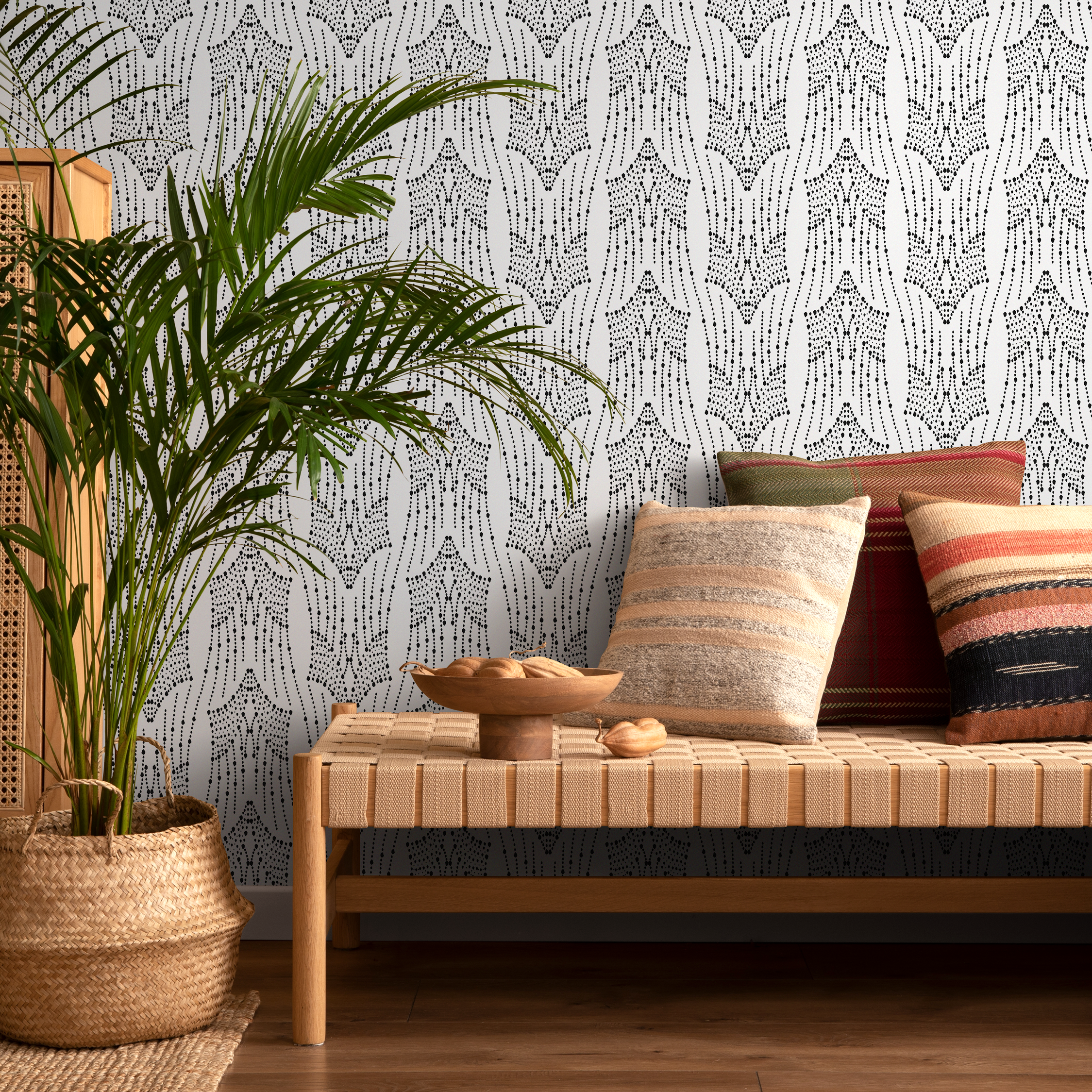 Art Deco Wallpaper With A Symmetrical Dotted Motif In Black And White - C868
