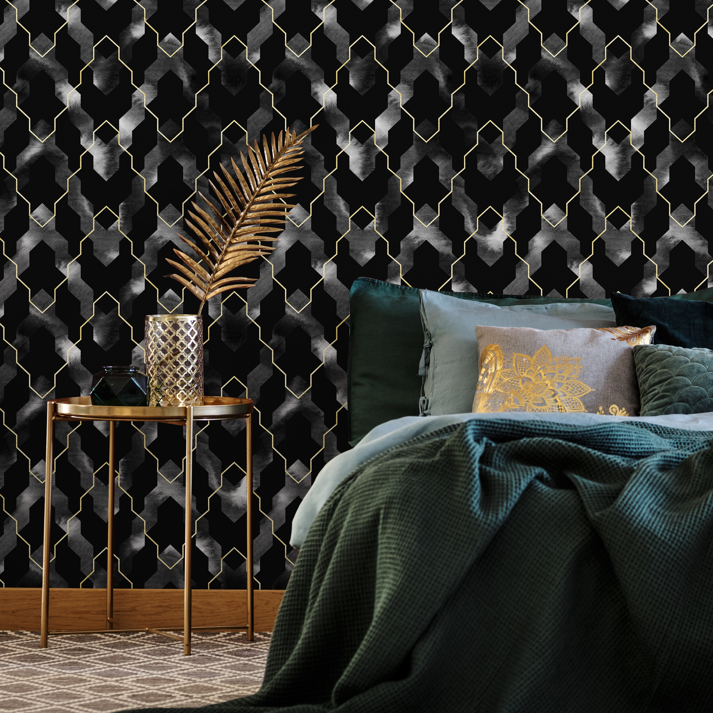 Geometric Wallpaper With An Art Deco Trellis In Black, Gold, And Grey - C871