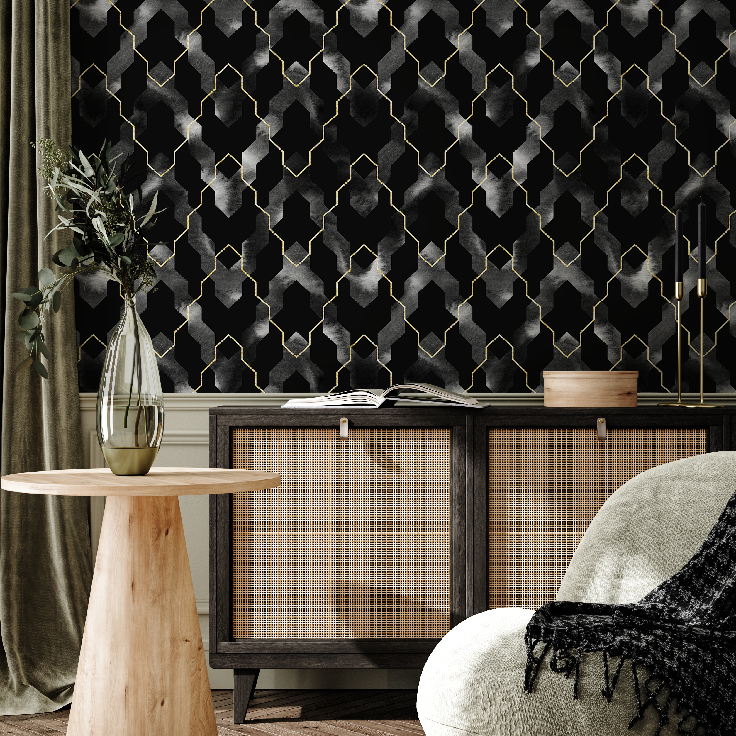 Geometric Wallpaper With An Art Deco Trellis In Black, Gold, And Grey - C871