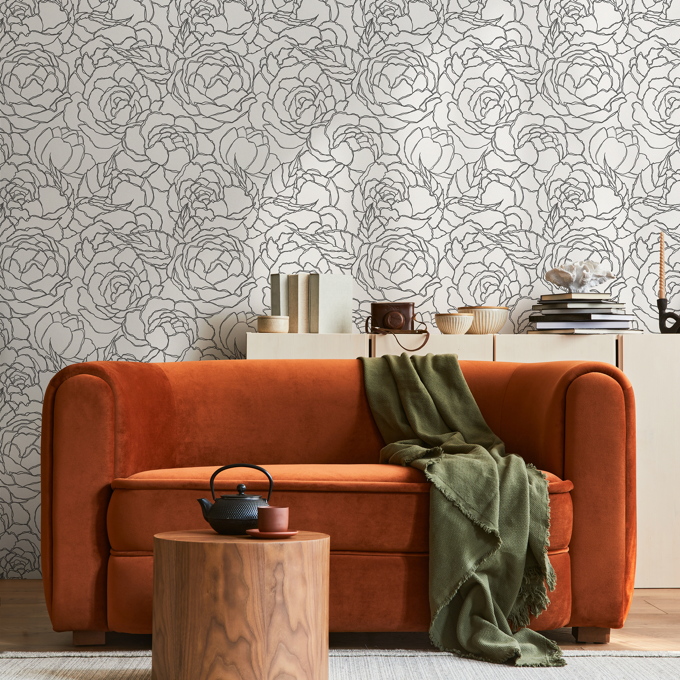 Floral Wallpaper With A Large Peony Line Art Motif In Gray - C872