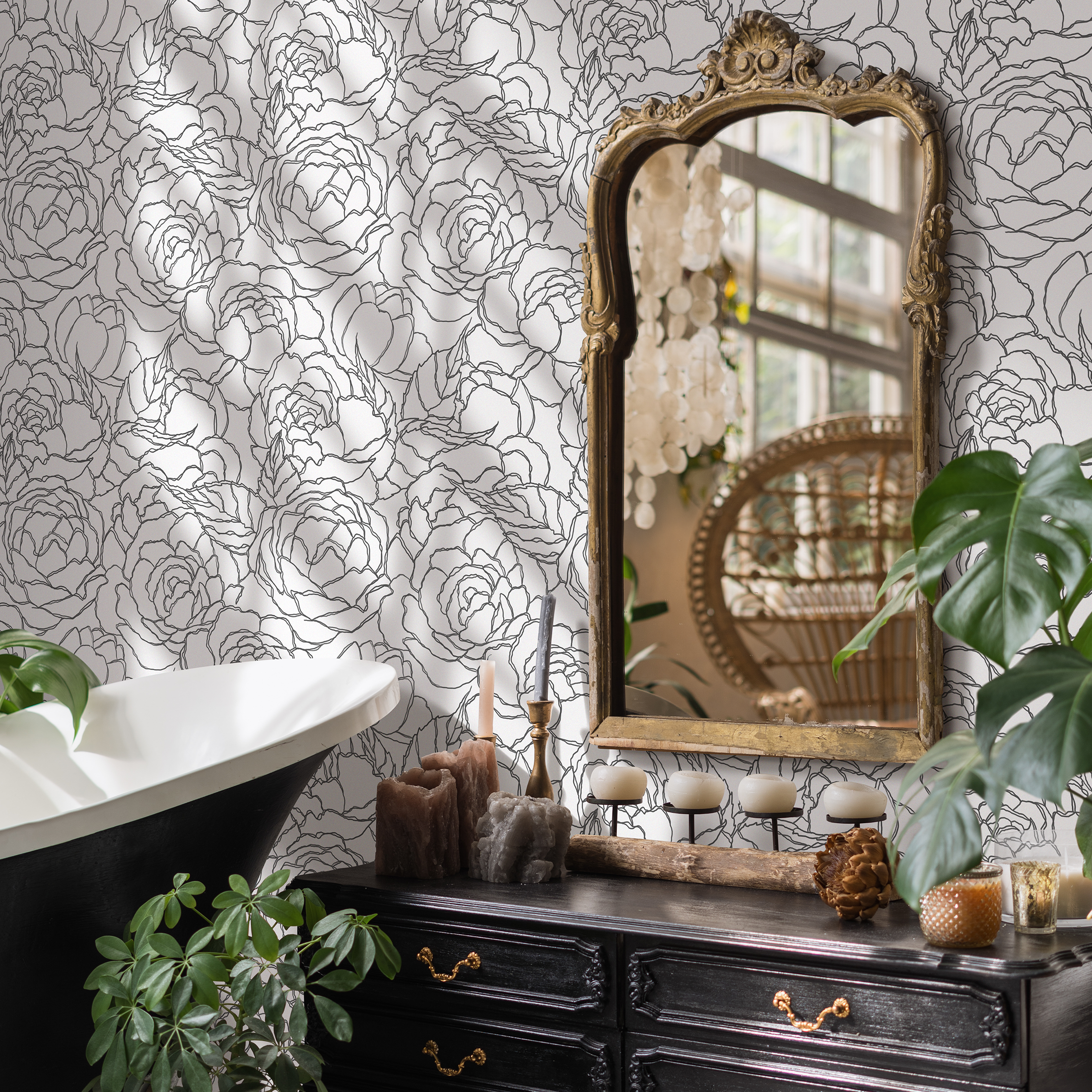 Floral Wallpaper With A Large Peony Line Art Motif In Gray - C872