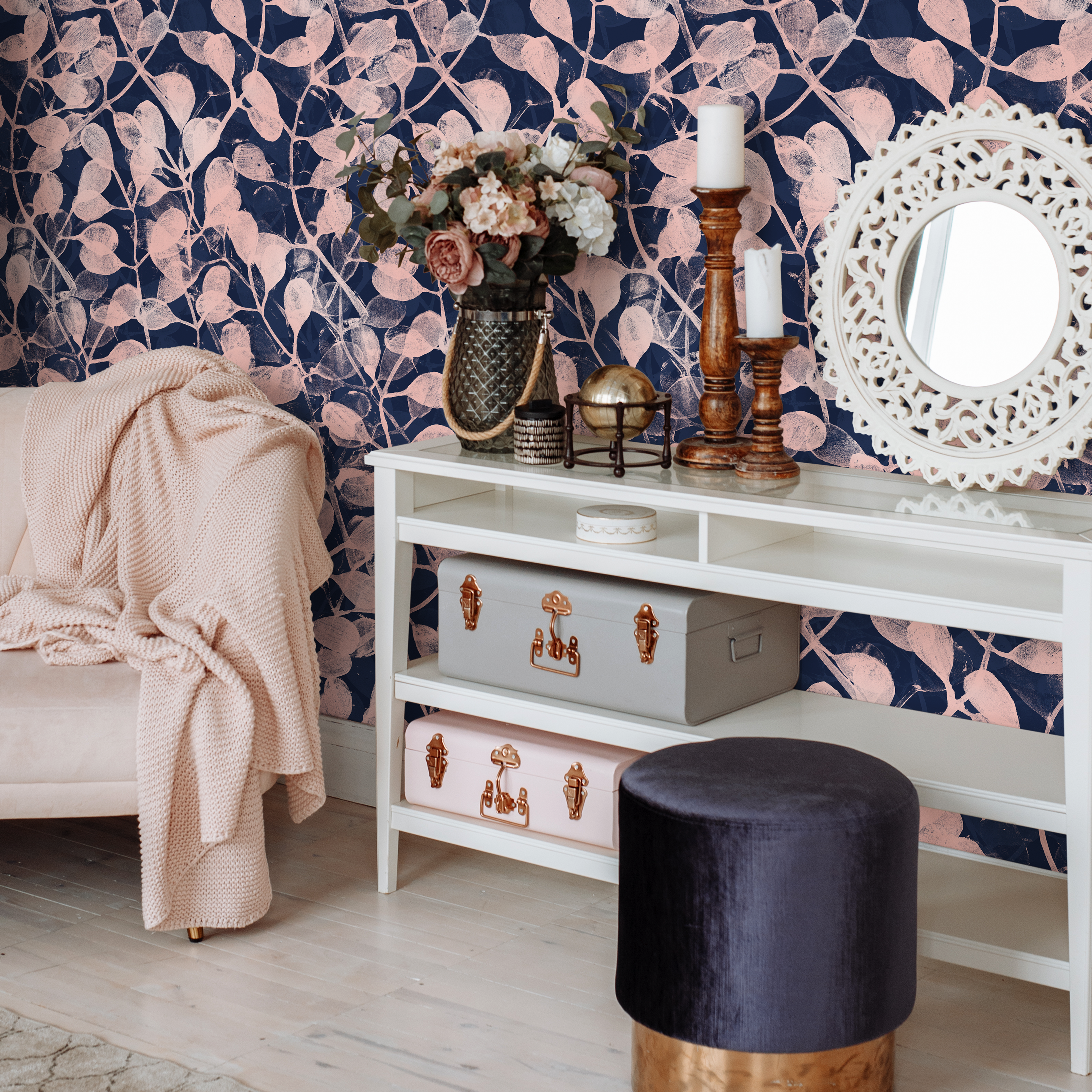 Botanical Wallpaper With A Stamped Leaf Motif In Navy And Pink - C873