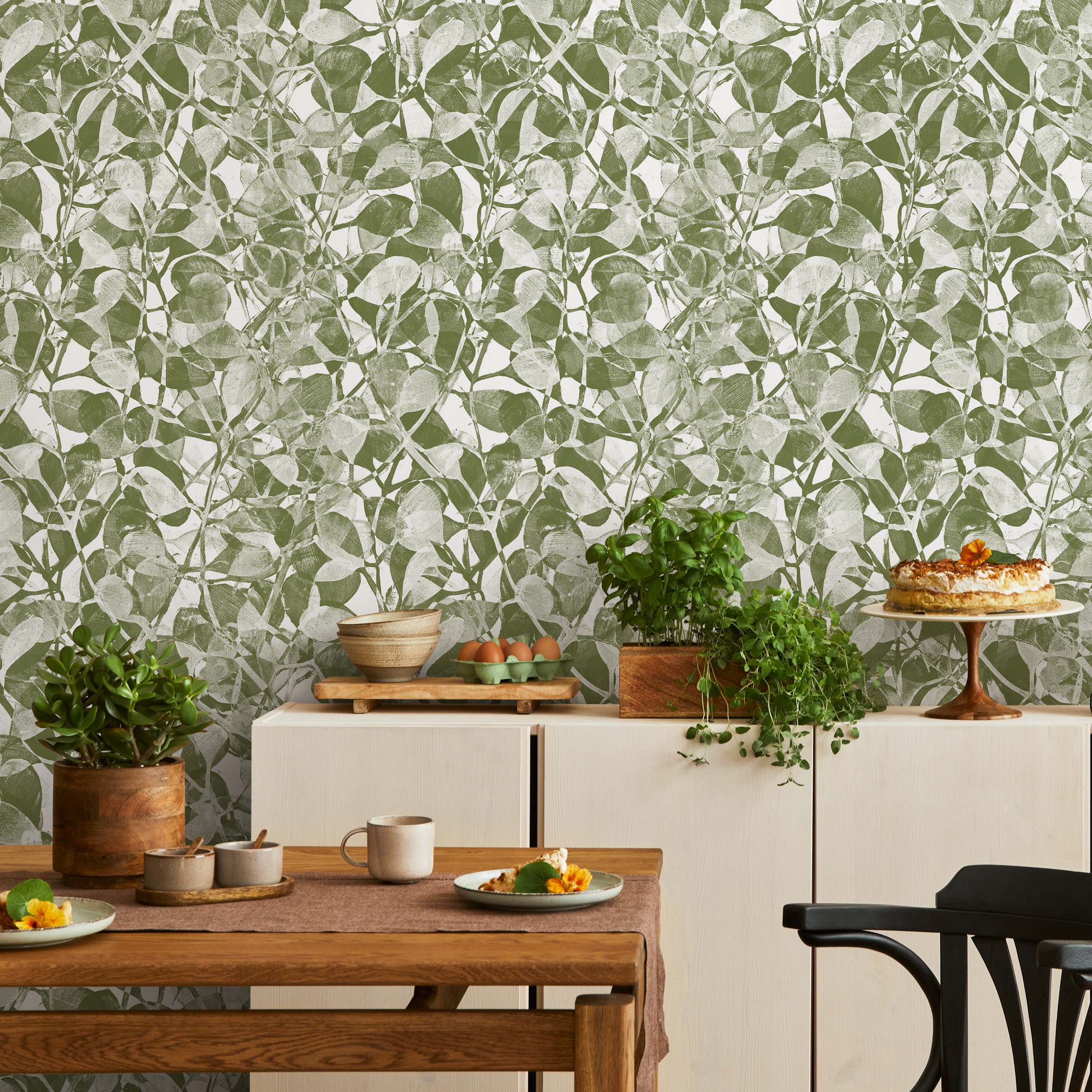 Botanical Wallpaper With A Stamped Leaf Motif In Green And Light Grey - C874
