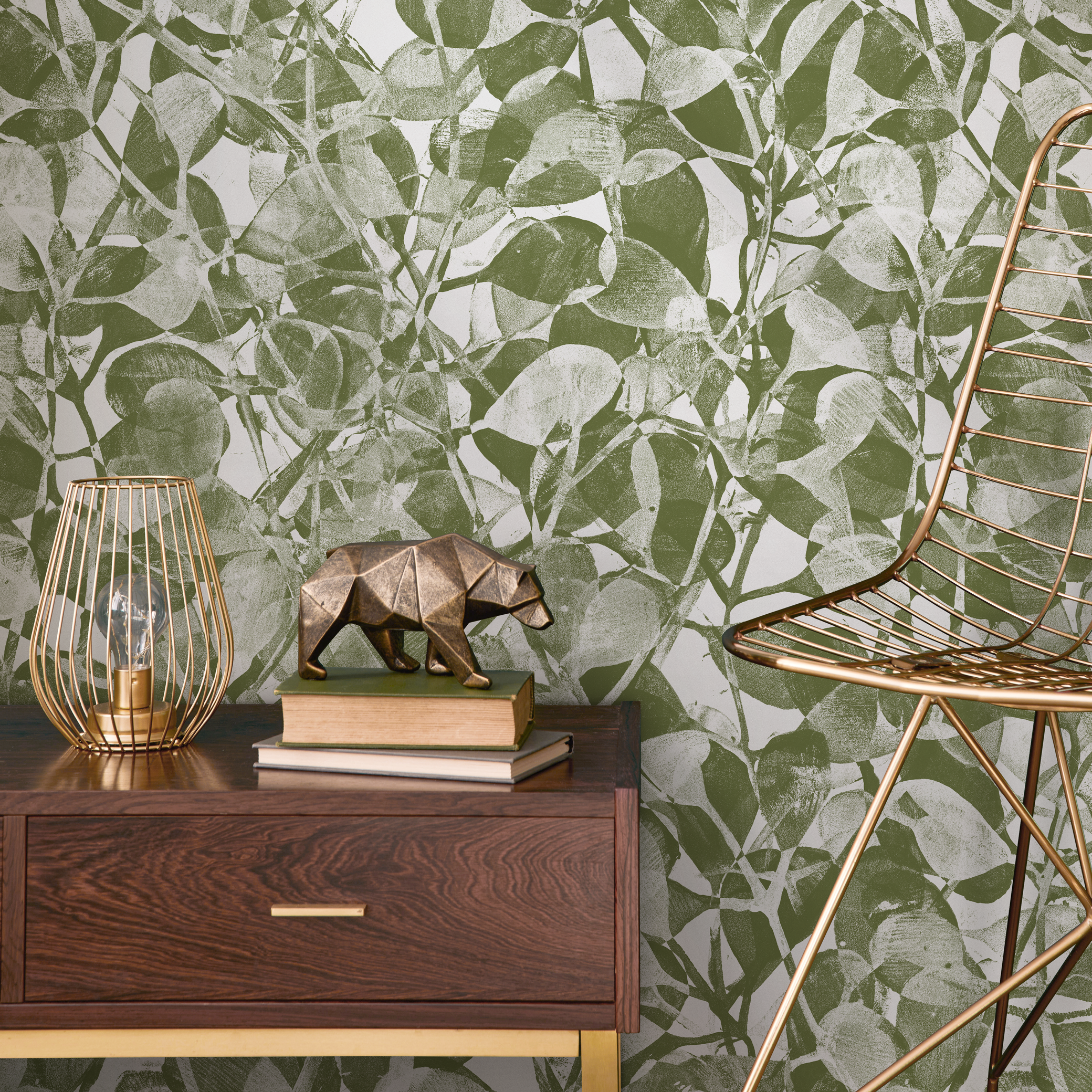 Botanical Wallpaper With A Stamped Leaf Motif In Green And Light Grey - C874