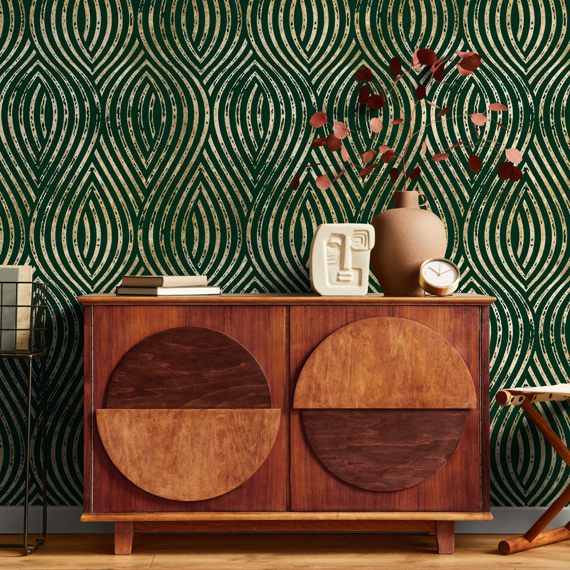 Art Deco Wallpaper With Distressed Gold Arches In Green And Gold - C878