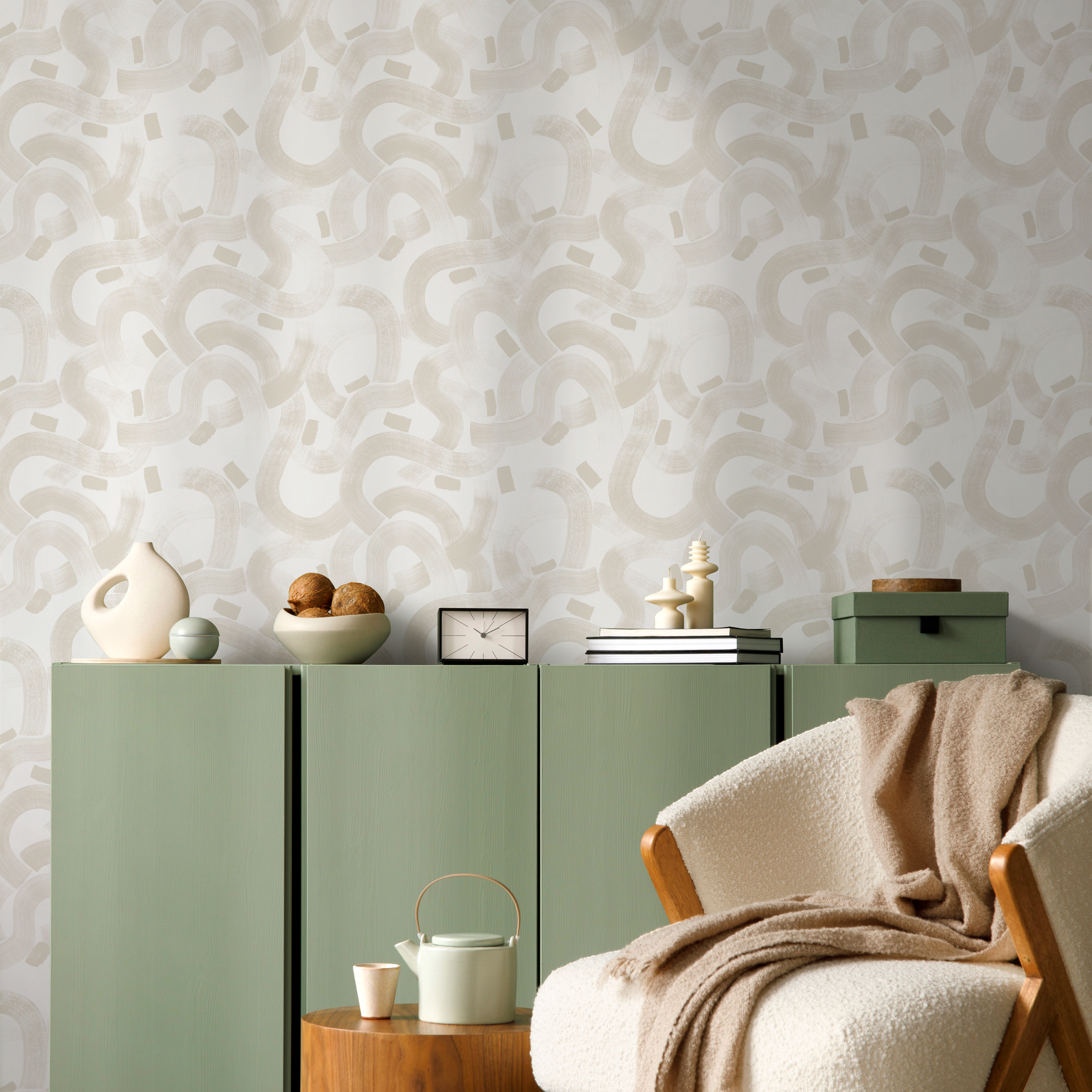 Abstract Wallpaper With Wavy Brushstroke Lines In Beige And White - C880