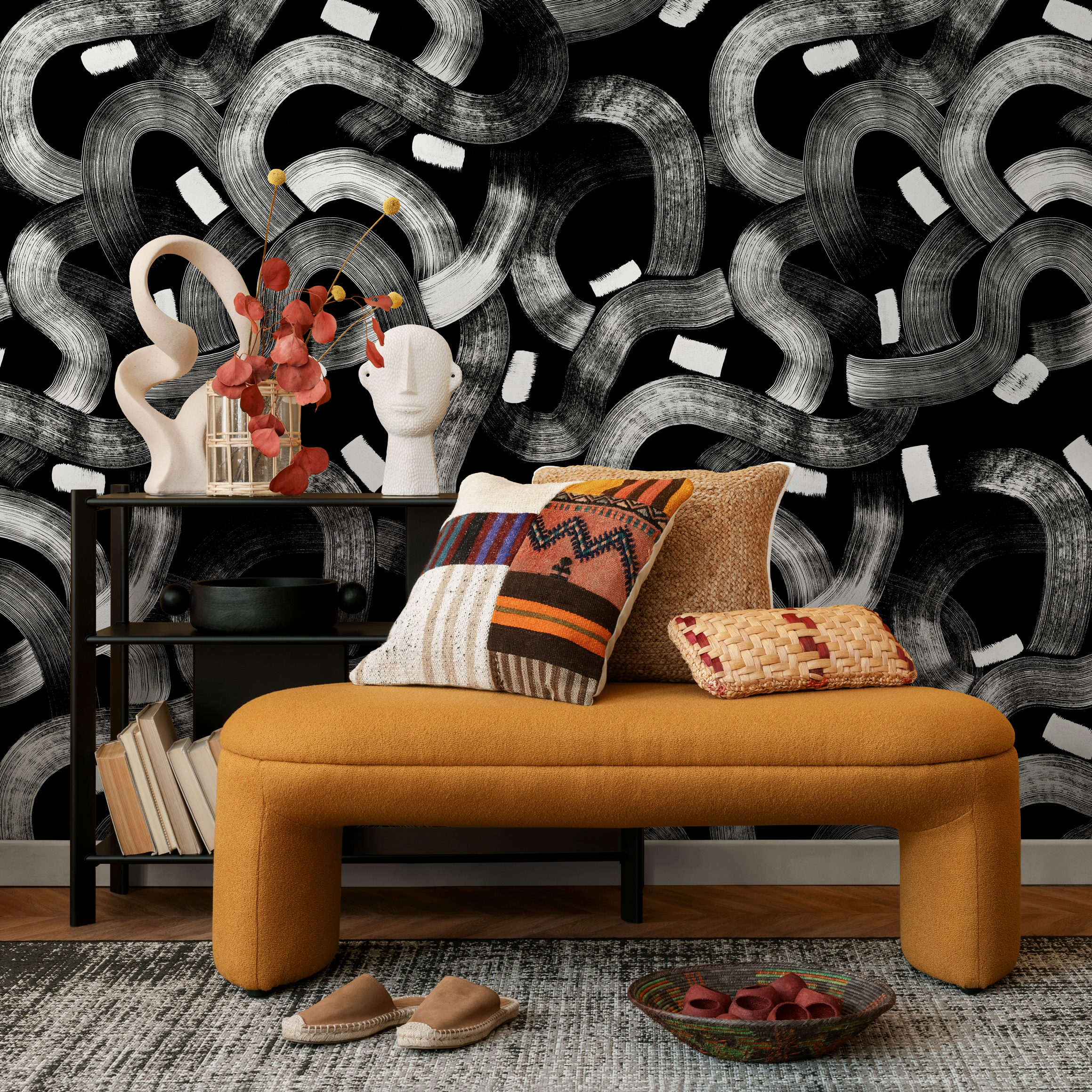 Abstract Wallpaper Featuring Flowing Brushstrokes In Black And White - C881