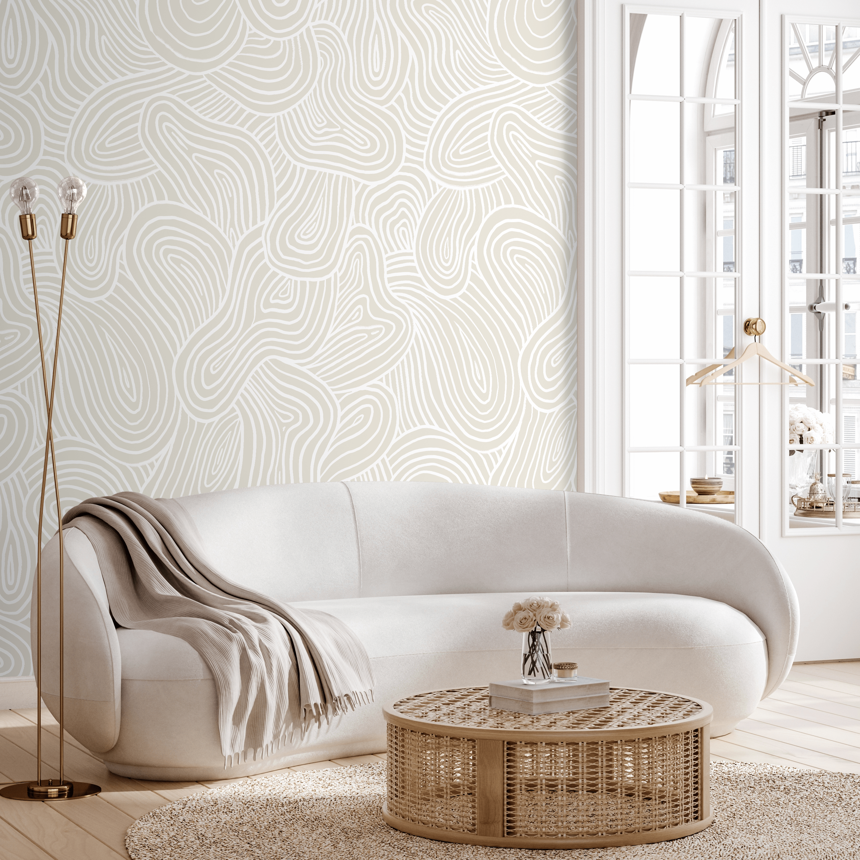 Abstract Wallpaper With Organic Contour Lines In Beige And White - C886