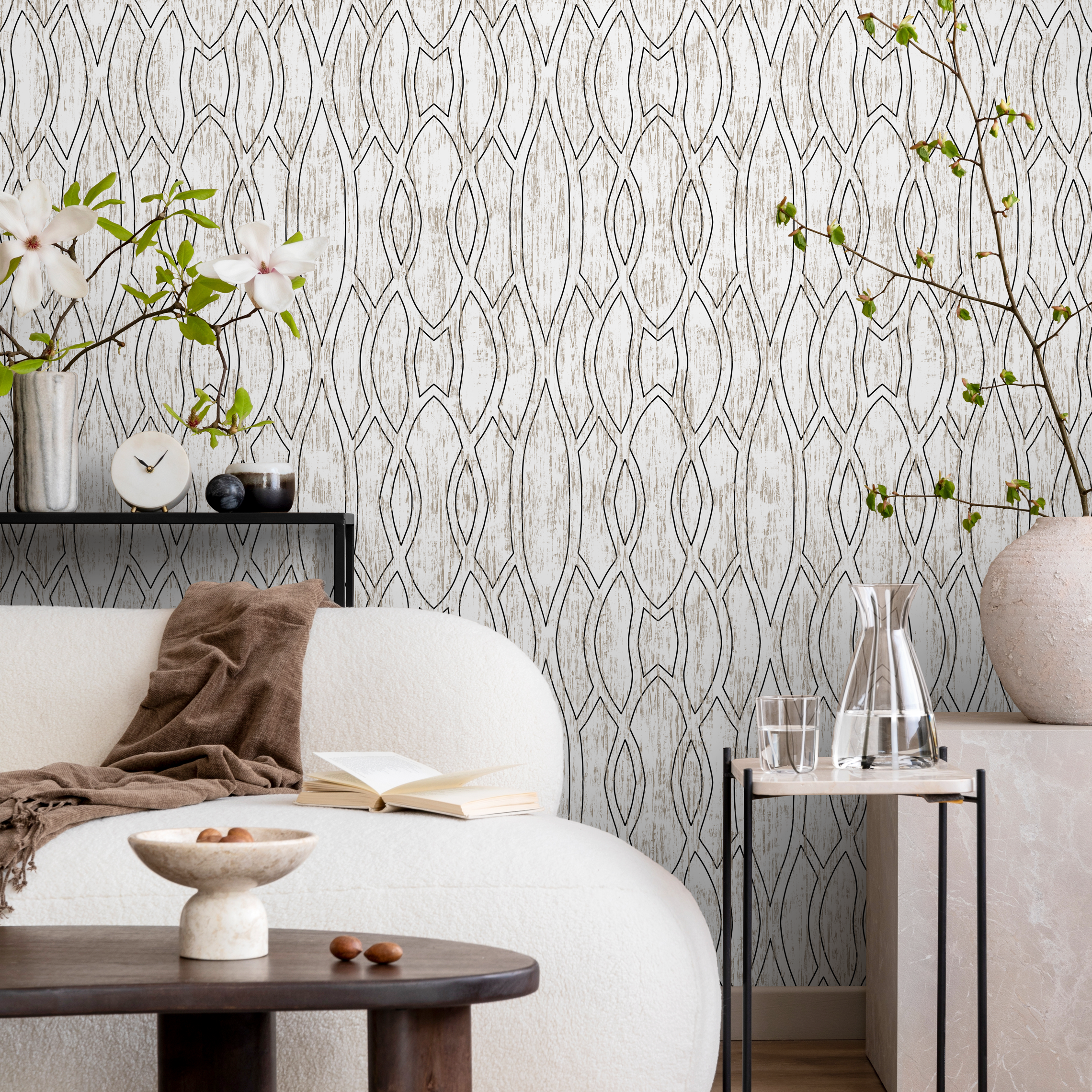 Geometric Wallpaper With Interlocking Lines In Black And Beige - C888