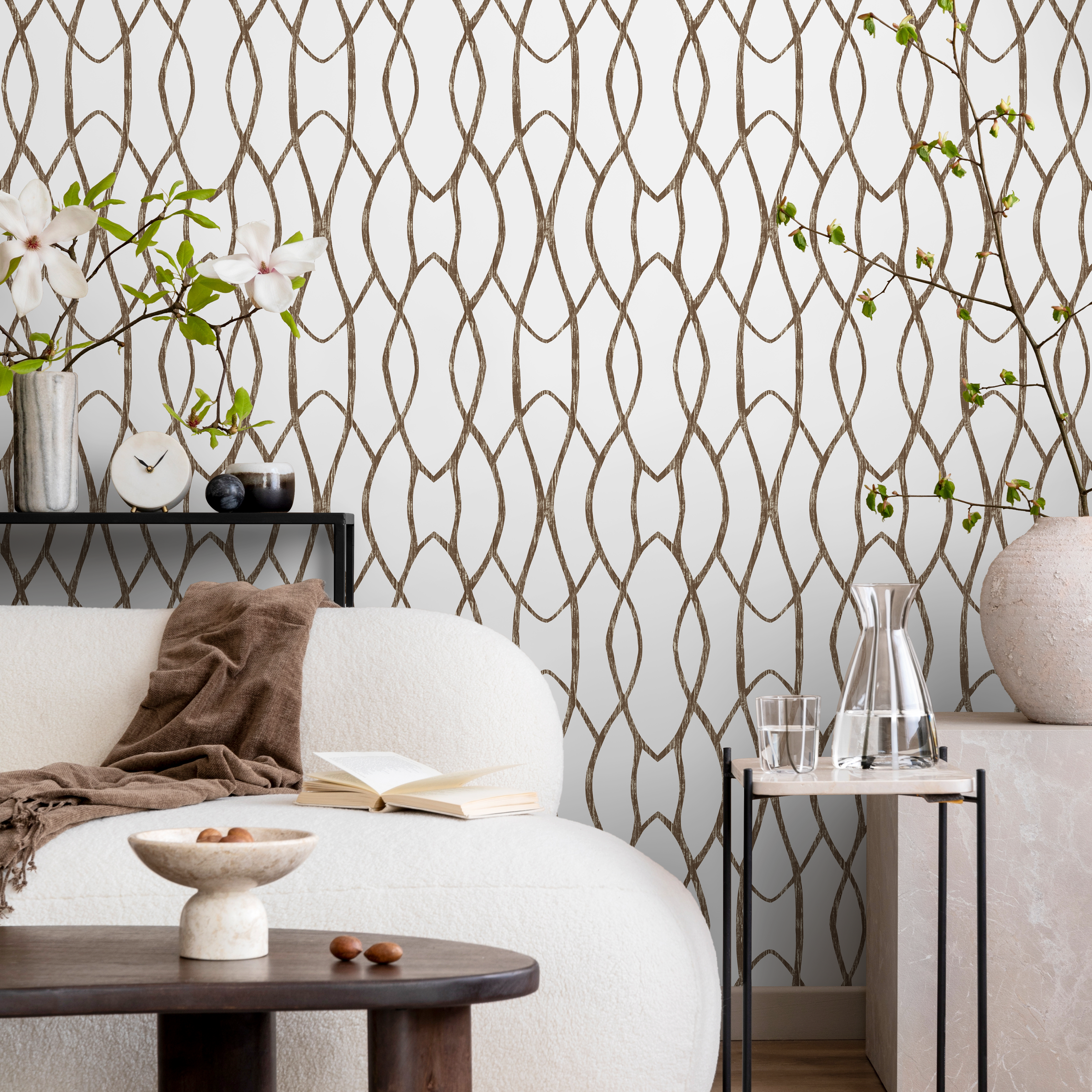 Geometric Wallpaper With Interlocking Wavy Lines In Brown And White - C889