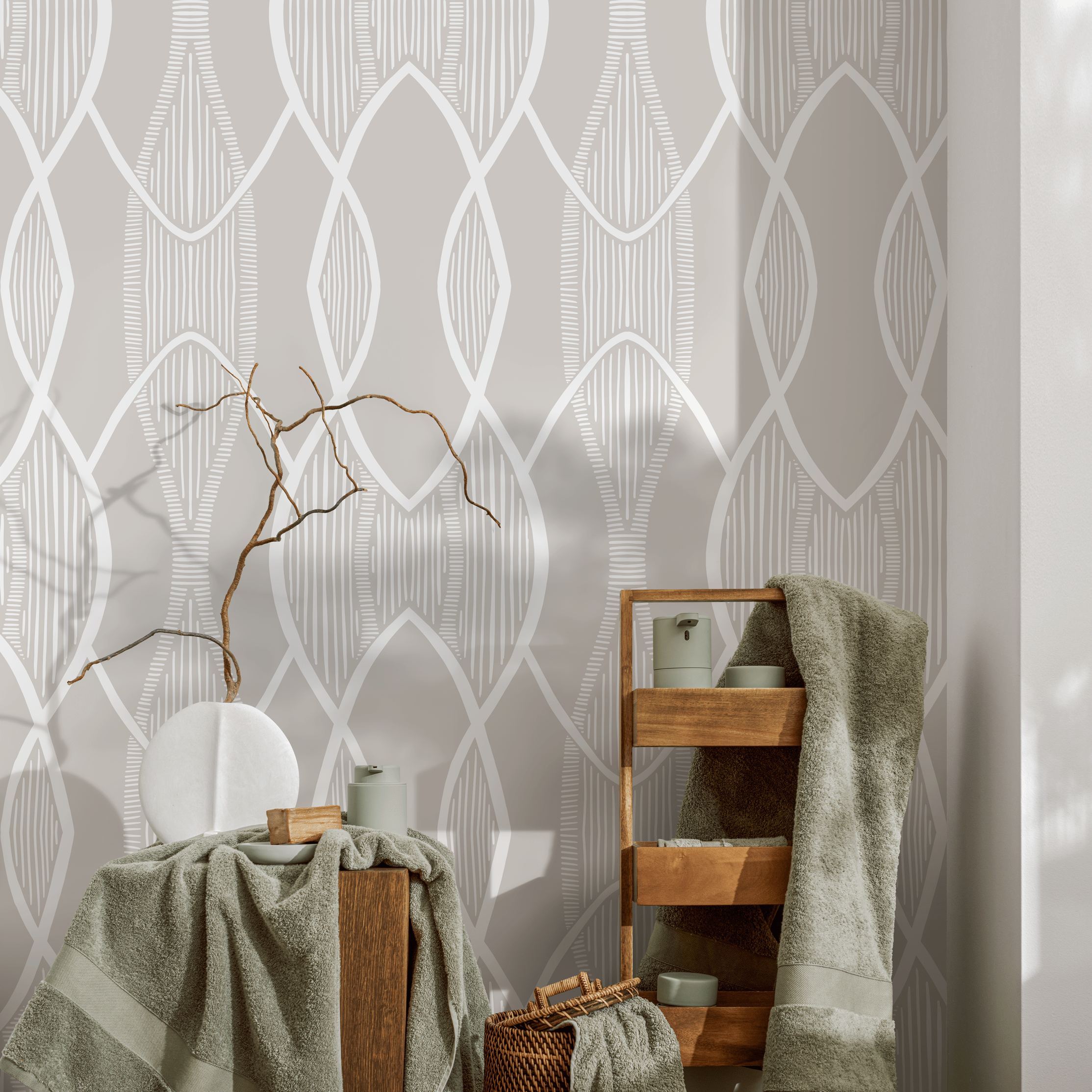 Geometric Wallpaper With A Hand-drawn Arched Lattice In Greige And White - C892