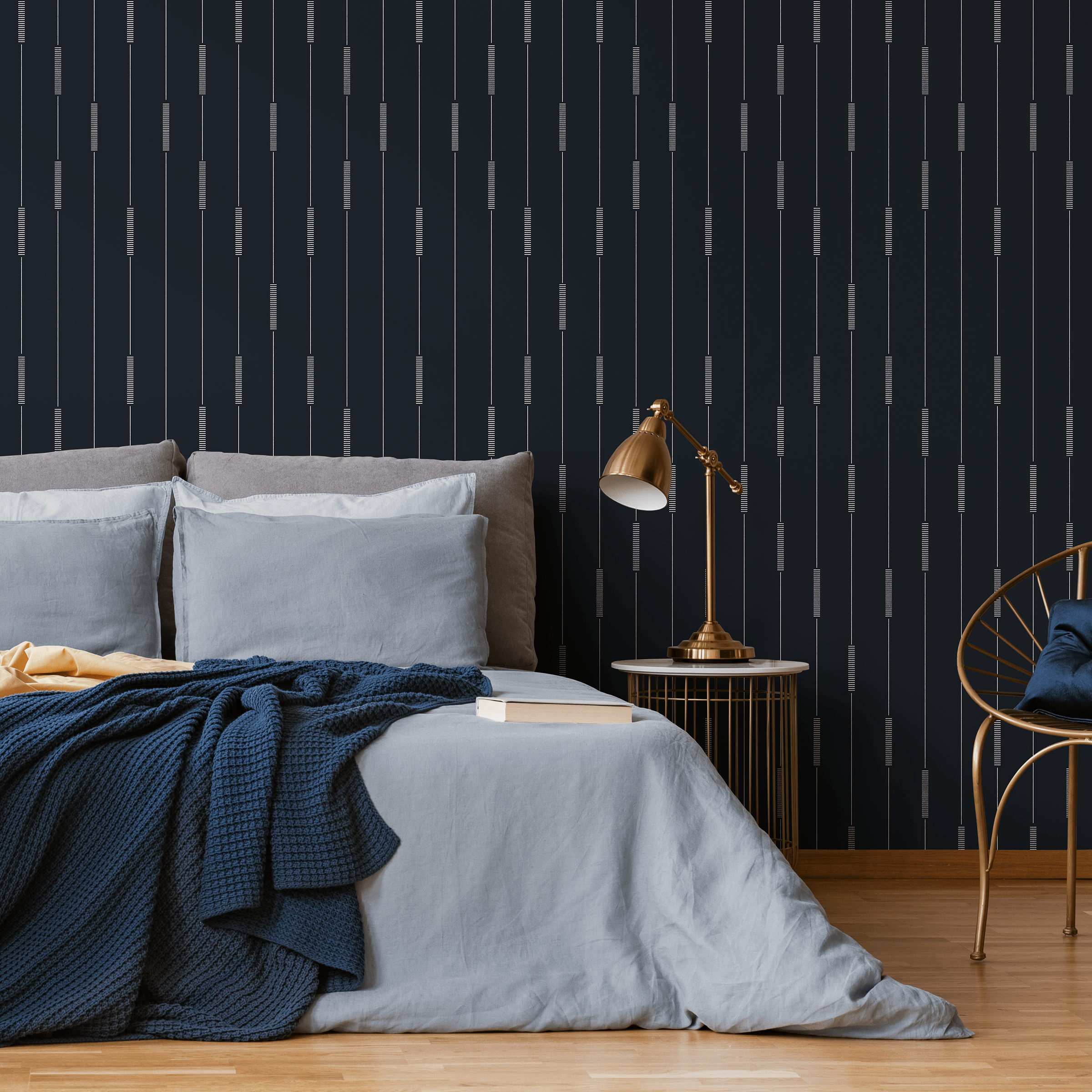 Striped Wallpaper With A Dashed Line Motif In Black And Gray - C893