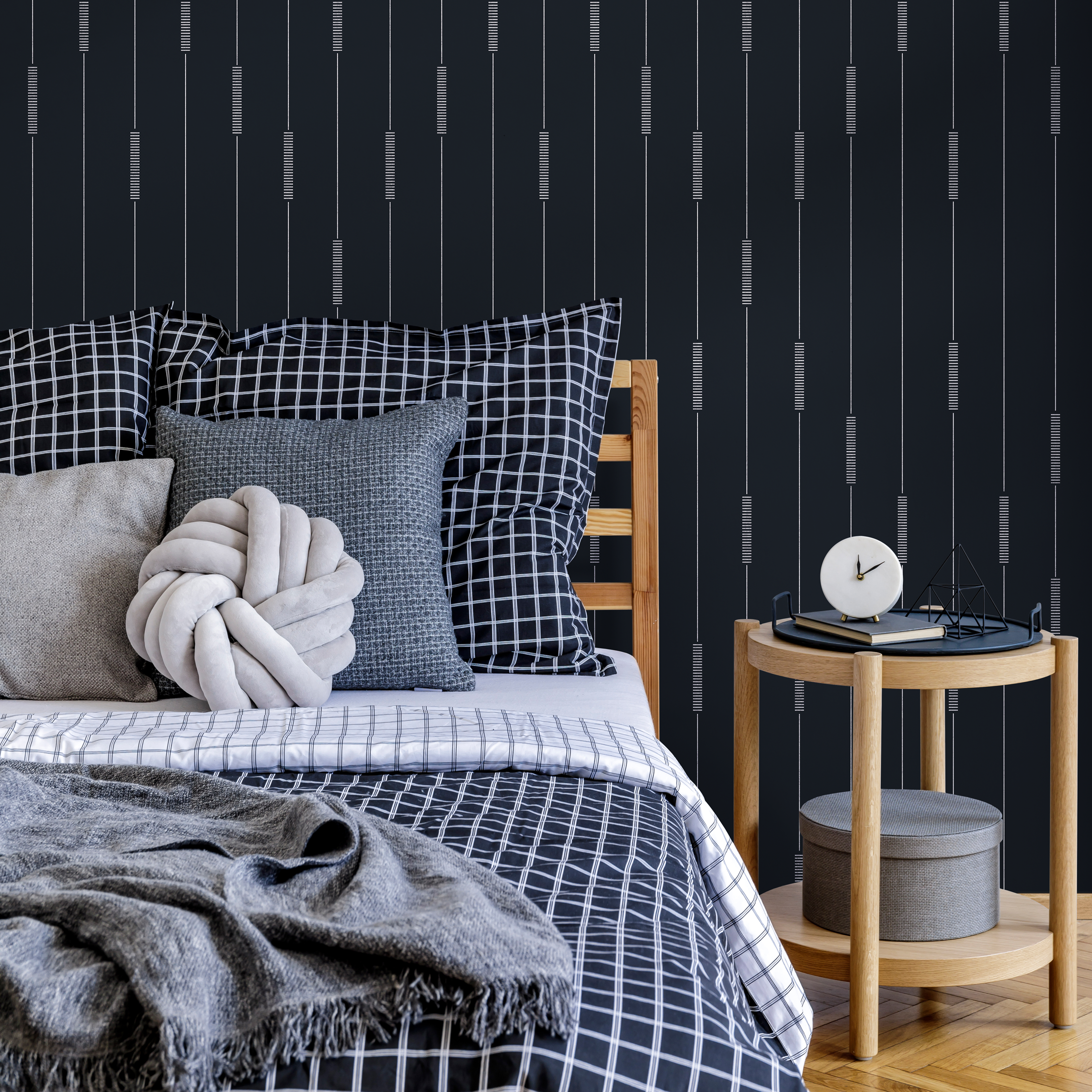 Striped Wallpaper With A Dashed Line Motif In Black And Gray - C893