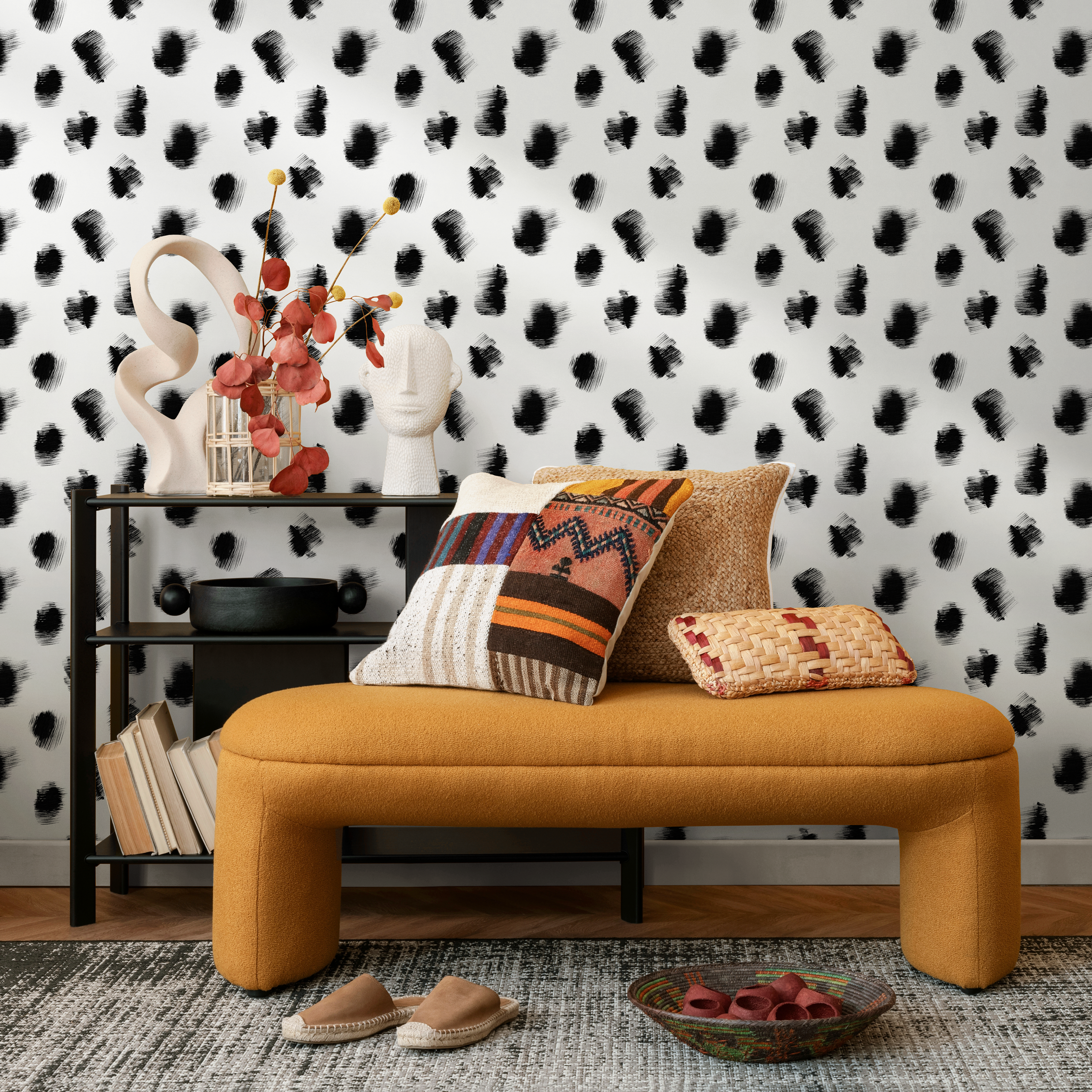 Abstract Wallpaper With Sketched Speckle Dots In Black And White - C895