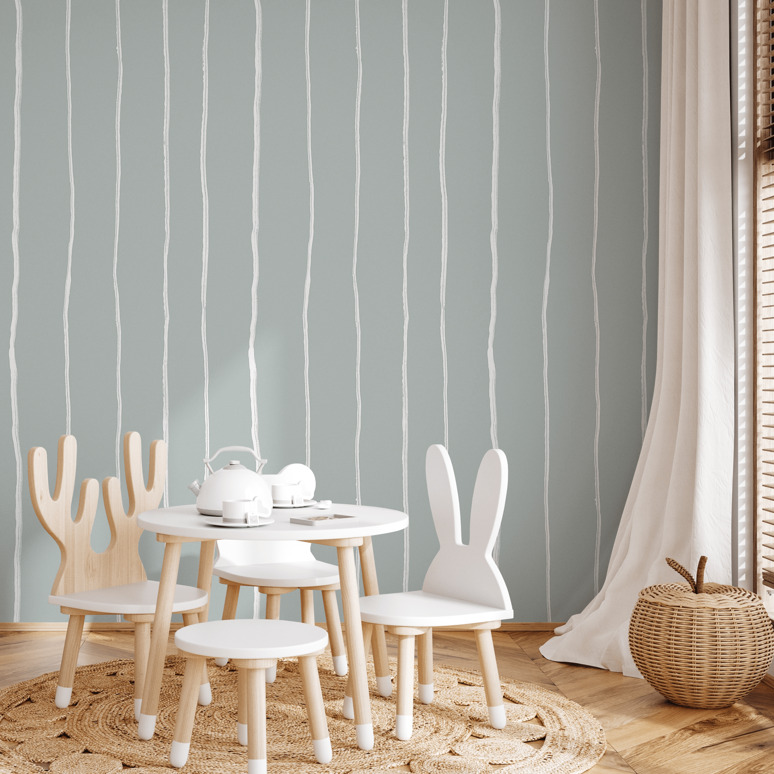 Striped Wallpaper With Hand-drawn Lines In Mint Green And White - C897