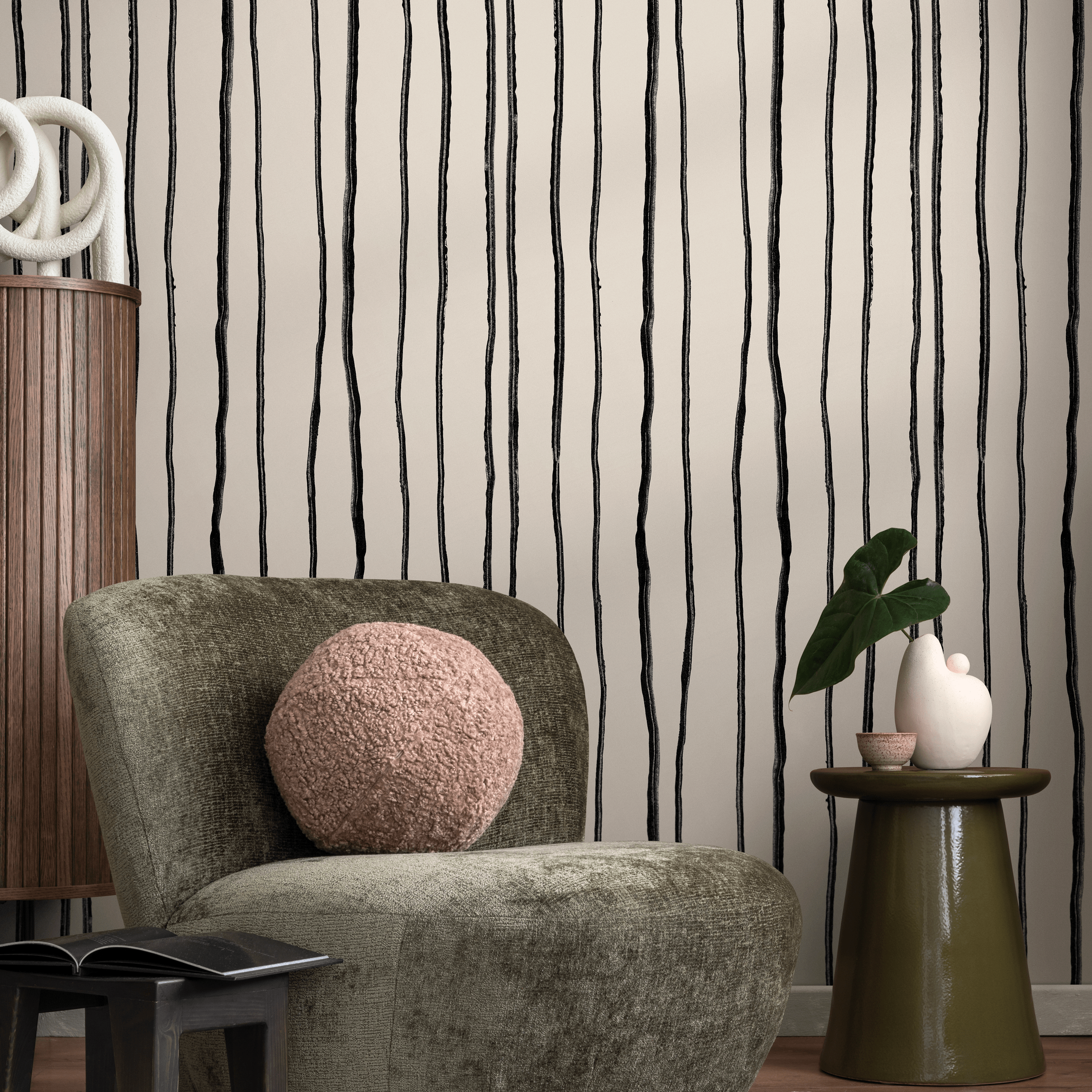 Striped Wallpaper With Irregular Hand-drawn Lines In Black And Beige - C899
