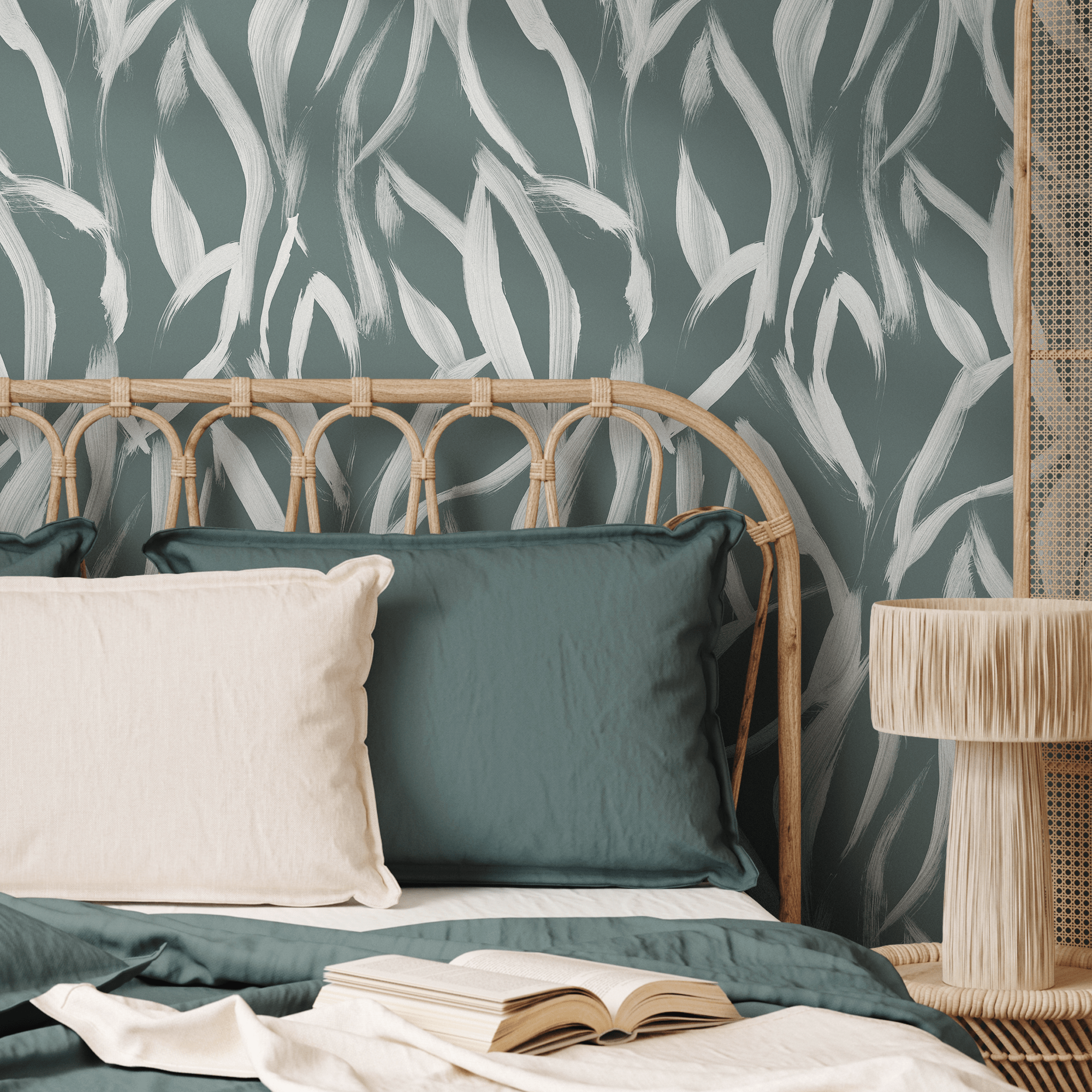 Abstract Wallpaper With A Flowing Brushstroke Motif In Dark Green And White - C901