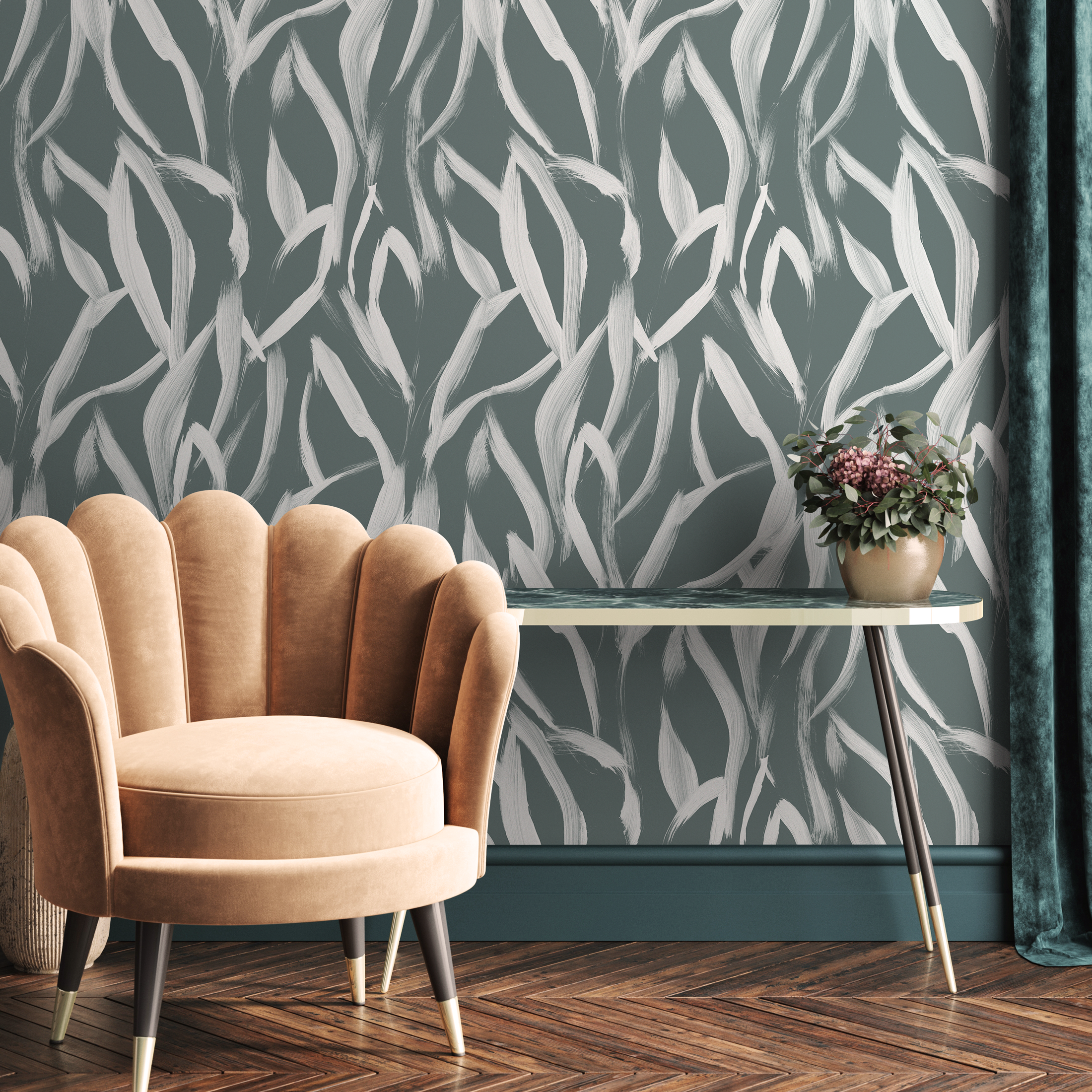 Abstract Wallpaper With A Flowing Brushstroke Motif In Dark Green And White - C901