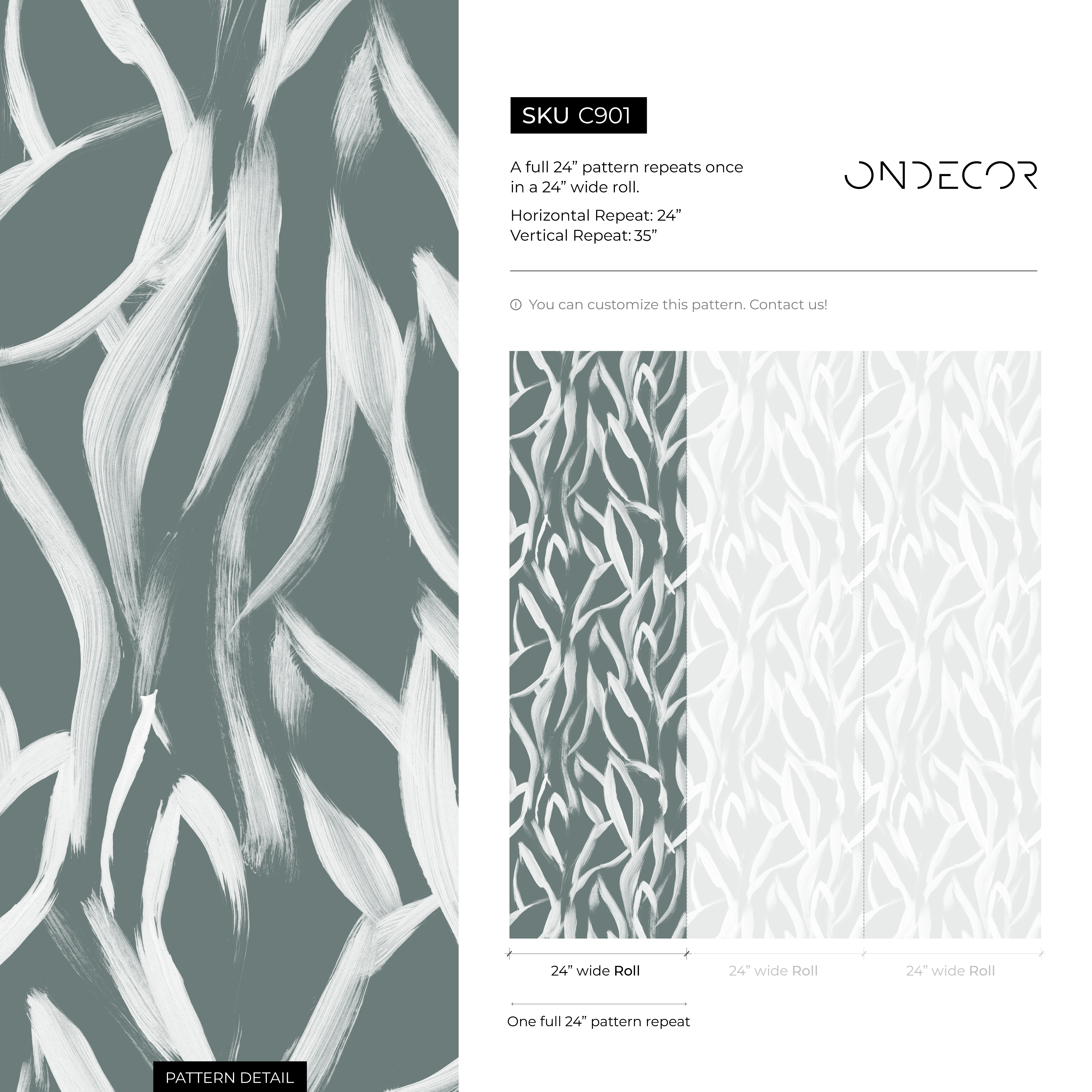 Abstract Wallpaper With A Flowing Brushstroke Motif In Dark Green And White - C901