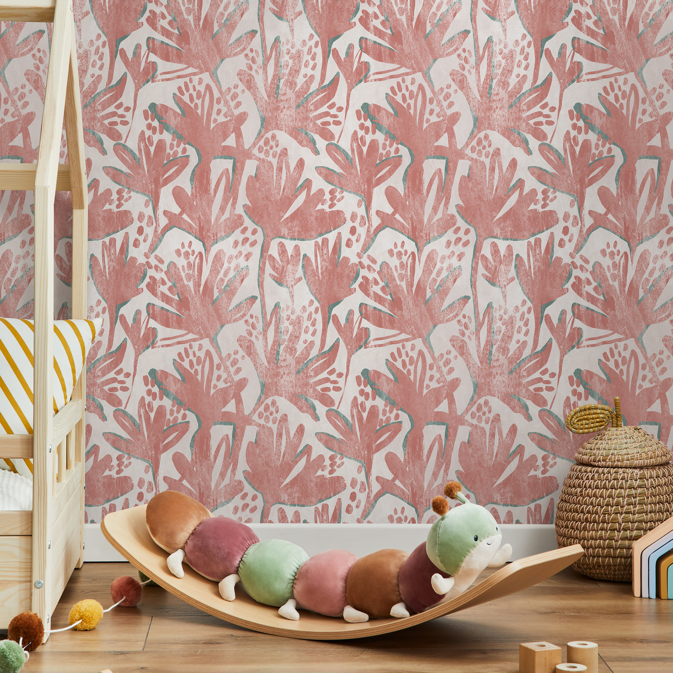 Floral Wallpaper With A Stylized Botanical Print In Pink And Teal - C902