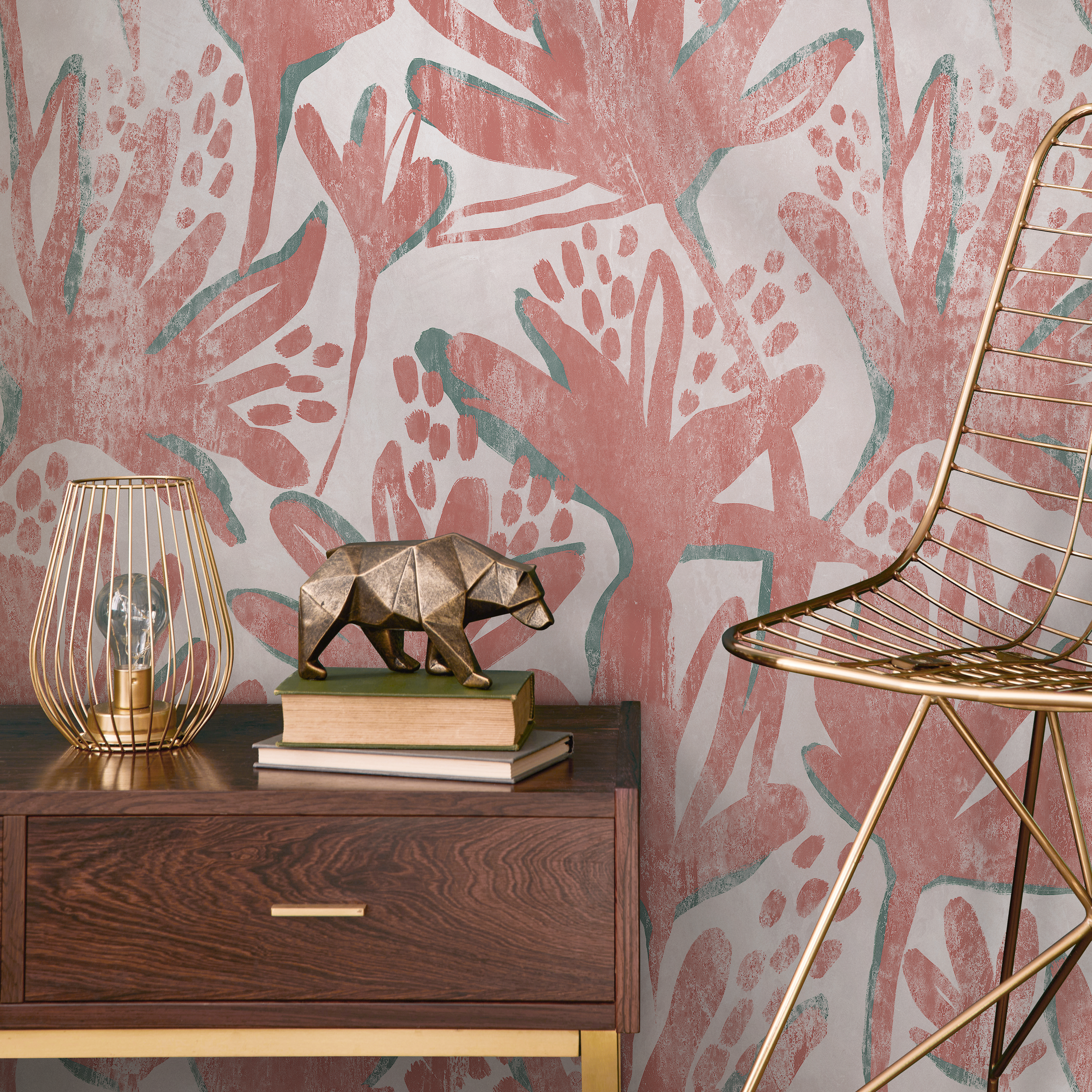 Floral Wallpaper With A Stylized Botanical Print In Pink And Teal - C902