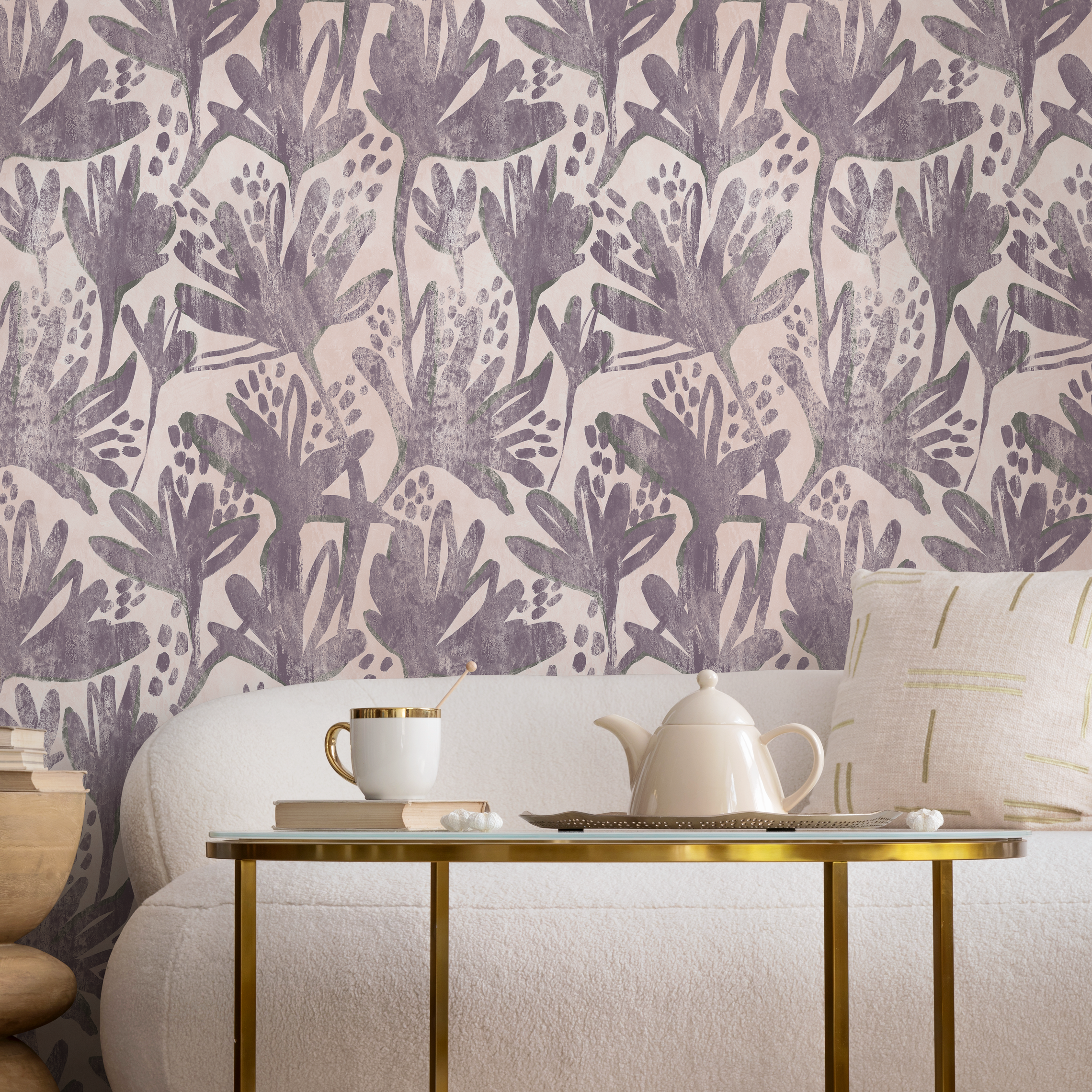 Floral Wallpaper With A Distressed Botanical Print In Purple And Pink - C903