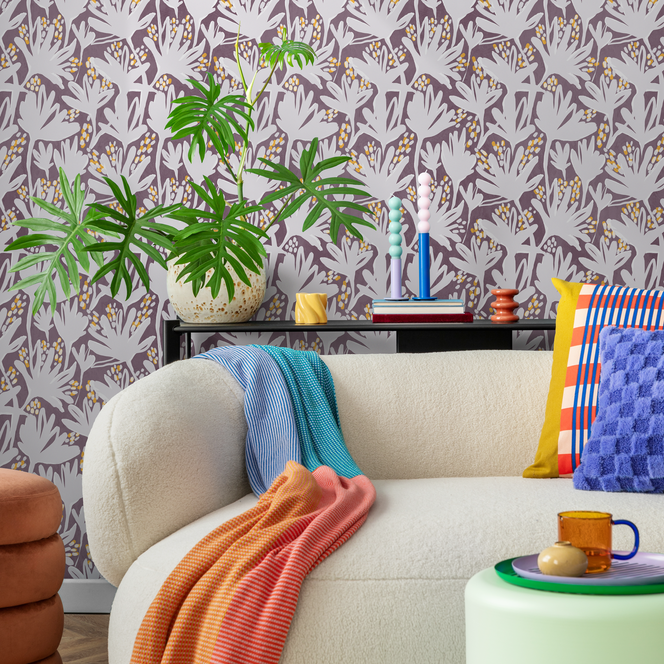 Abstract Wallpaper With A Stylized Floral Motif In Purple, Gray, And Yellow - C904
