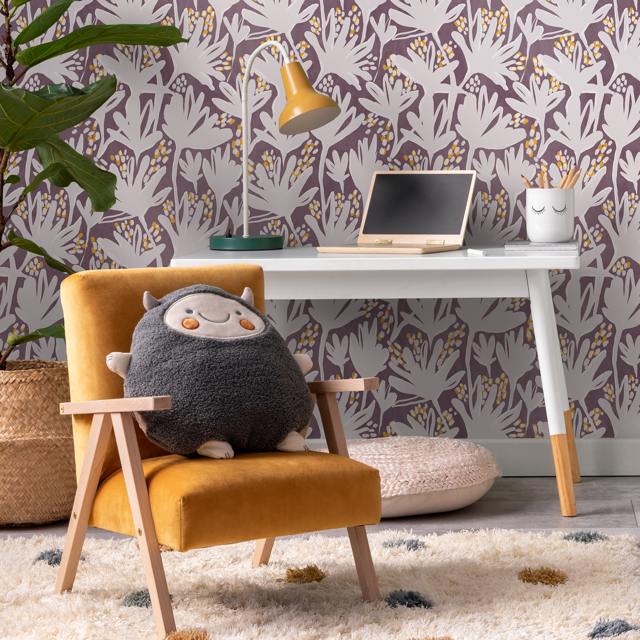 Abstract Wallpaper With A Stylized Floral Motif In Purple, Gray, And Yellow - C904