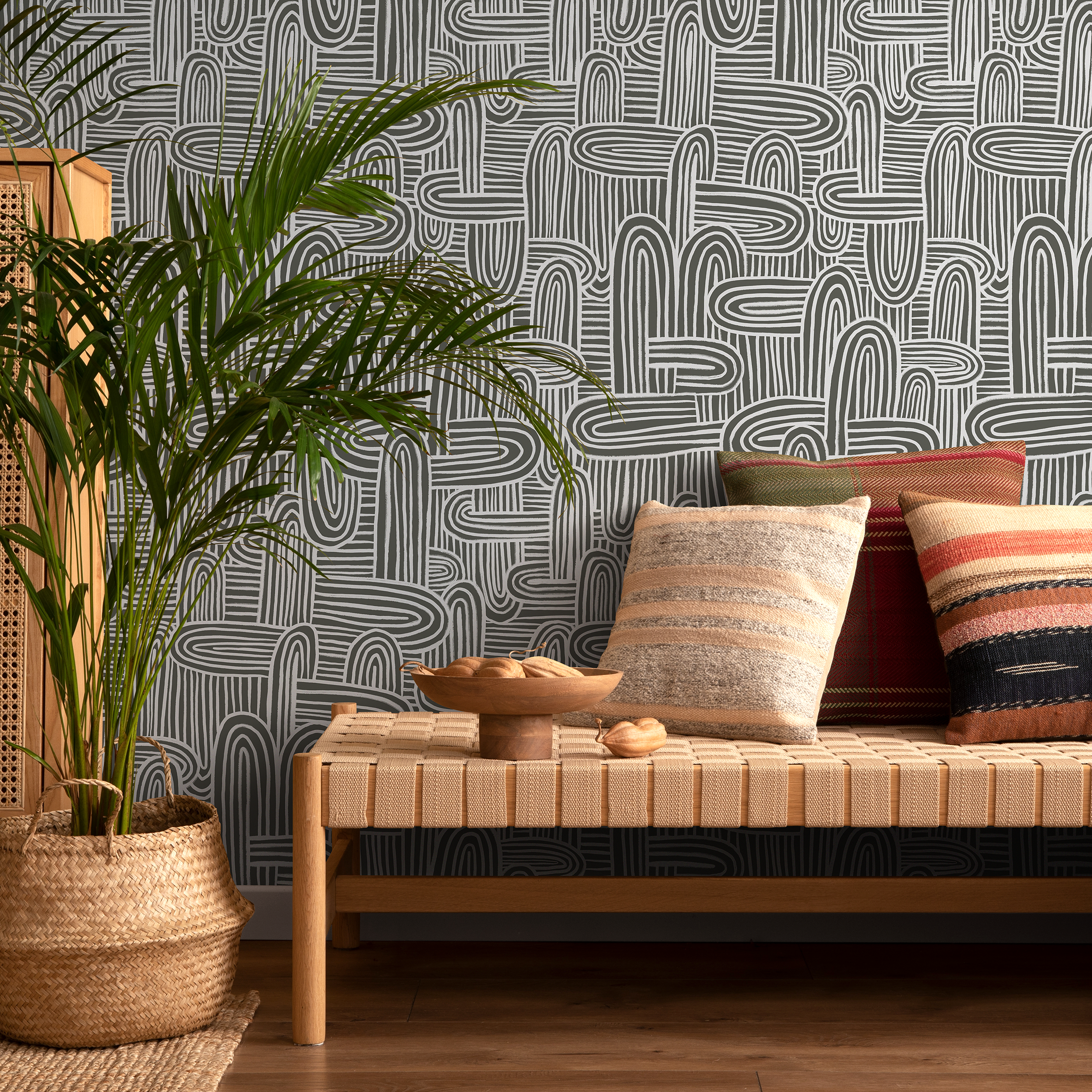 Abstract Wallpaper With Hand-drawn Organic Lines In Gray Green And White - C905